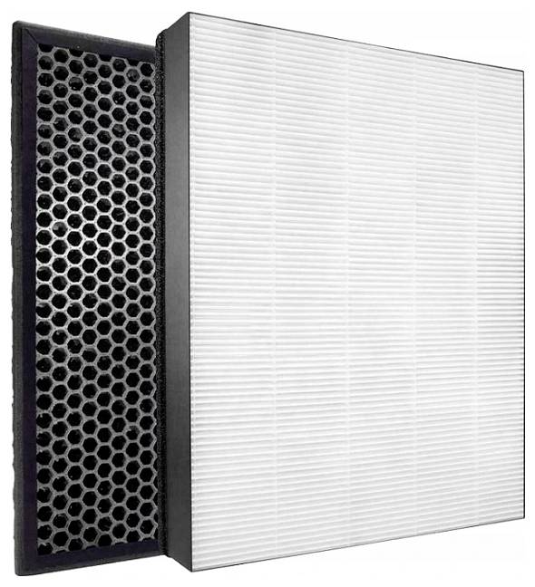 Filtres de purificateur d'air montrant un filtre au charbon actif noir avec un motif en nid d'abeille à côté d'un filtre HEPA blanc, conçus pour piéger les particules et les odeurs.