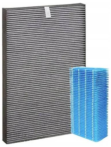 Filtre à air rectangulaire avec des rainures verticales à côté de filtres carrés bleus empilés.