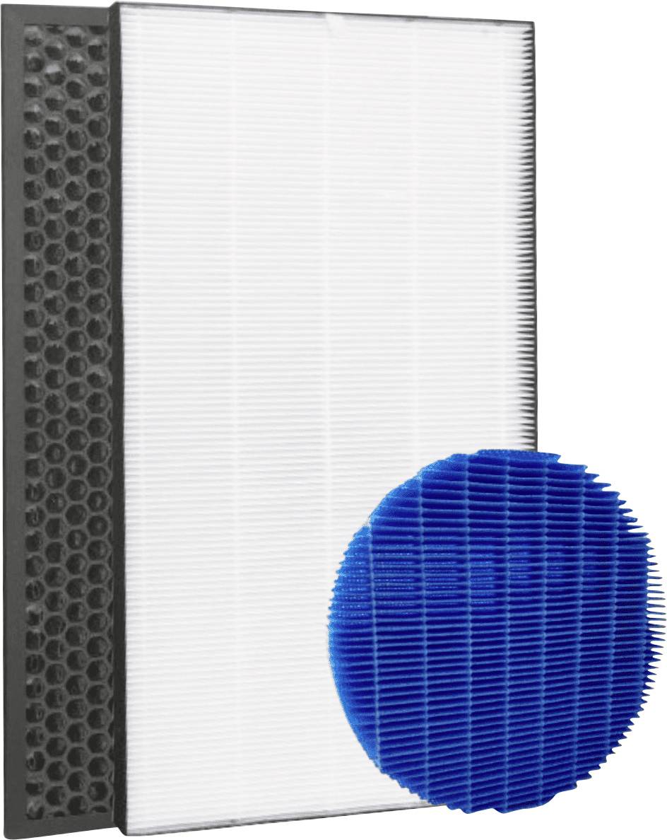 Des filtres HEPA et à charbon actif sont présentés. Le filtre à charbon actif présente une structure alvéolaire noire, tandis que le filtre HEPA est blanc avec des plis fins. Un filtre circulaire bleu est également montré à des fins de comparaison.