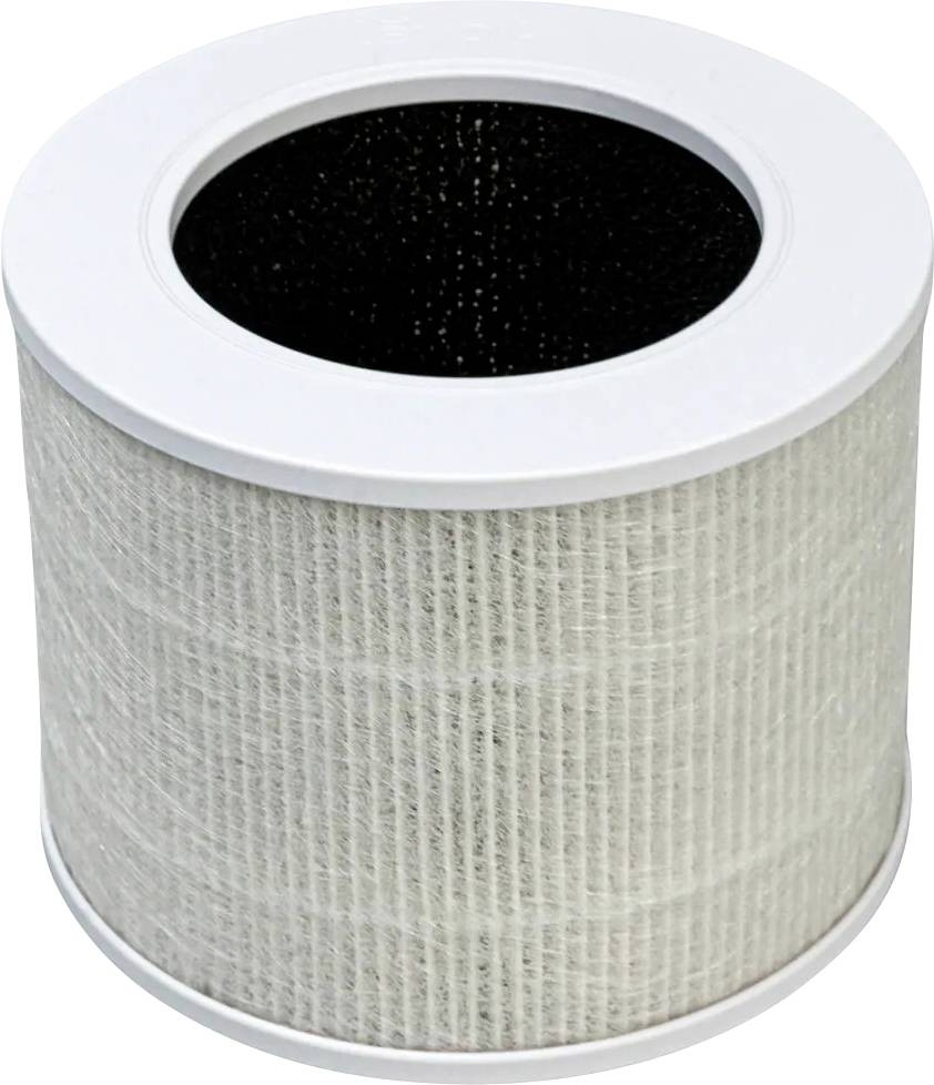Filtre à air cylindrique avec une enveloppe extérieure en maille blanche et un intérieur noir, conçu pour capturer les poussières et les allergènes afin de purifier l'air.
