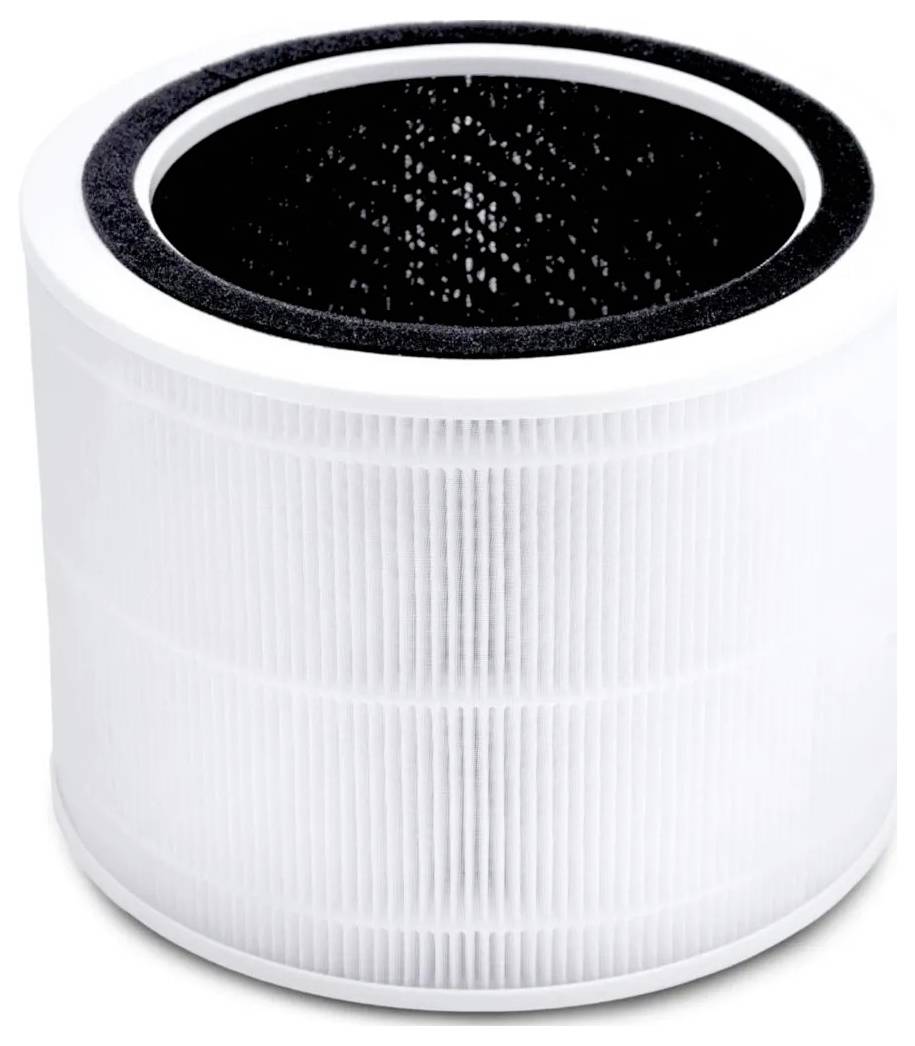 Un filtre de purificateur d'air cylindrique avec une couche extérieure blanche et une section intérieure noire, placé sur un fond uni.