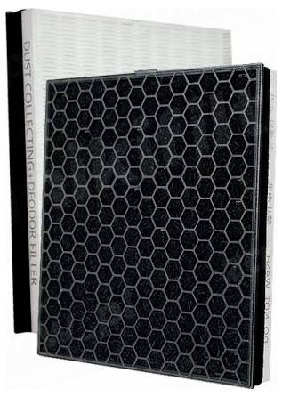 Deux filtres à air : un avec un motif hexagonal conçu pour désodoriser, et un second étiqueté « Filtre de collecte des poussières + Désodorisant ».
