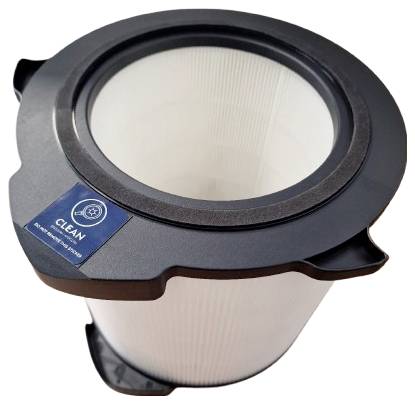 Un filtre à air cylindrique en noir et blanc, étiqueté « PROPRE », conçu pour une collecte efficace des poussières et une purification de l'air.