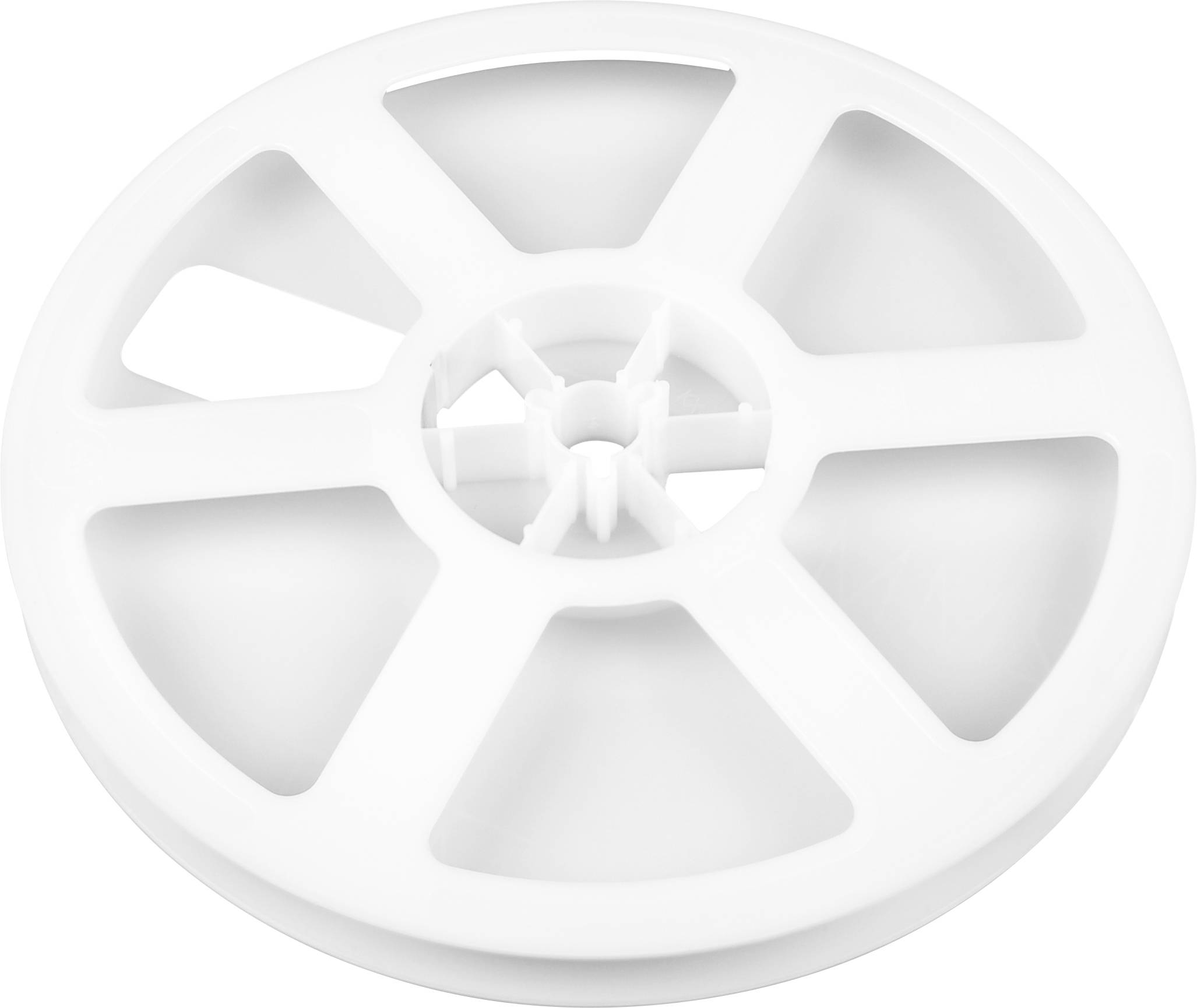 Un bobine en plastique blanc avec un motif en forme d'étoile formé par des rayons, utilisée pour enrouler du fil ou un câble.
