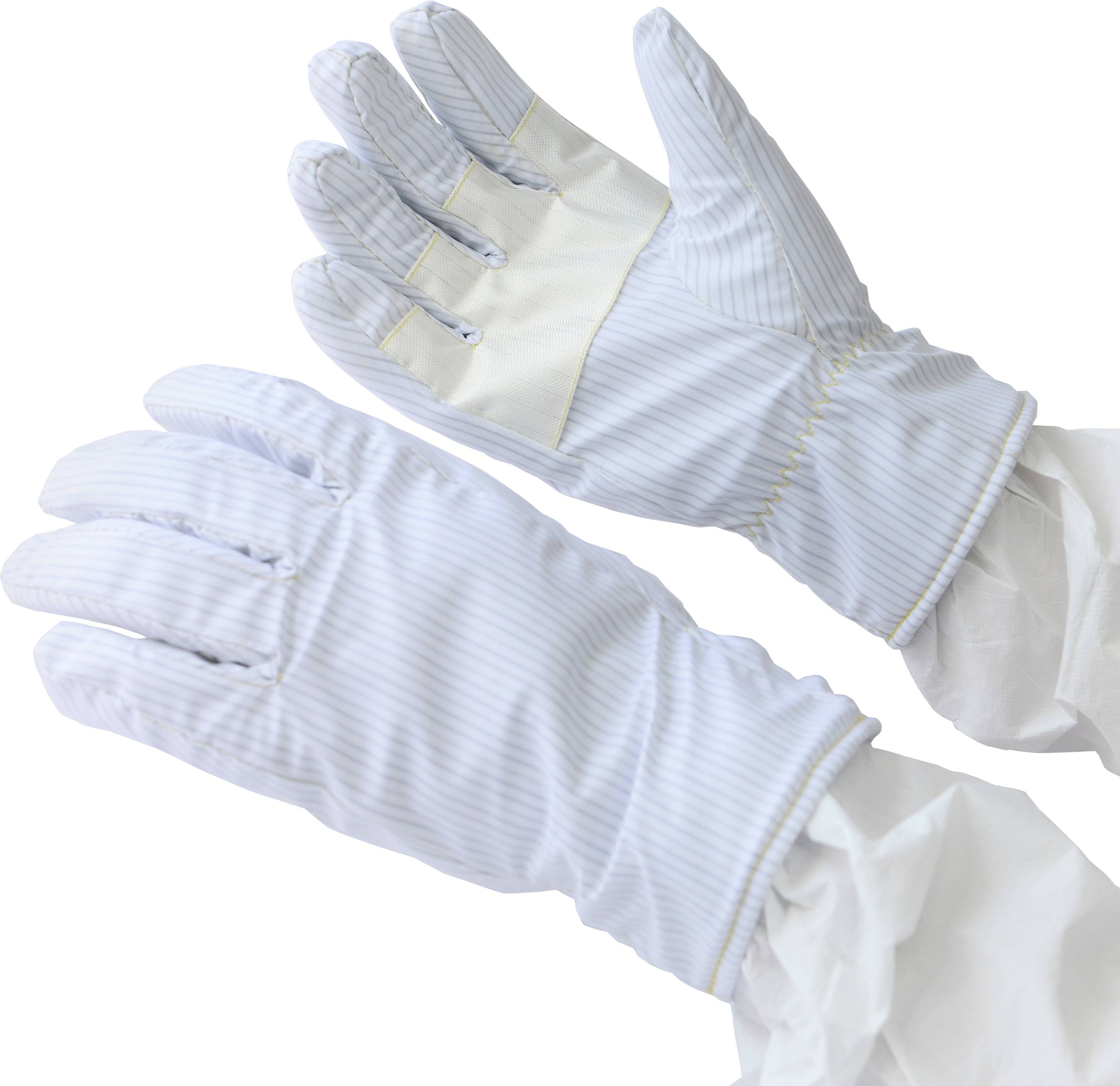 Une personne portant des gants de protection blancs et une manche blanche, suggérant une préparation pour un travail nécessitant une protection des mains.