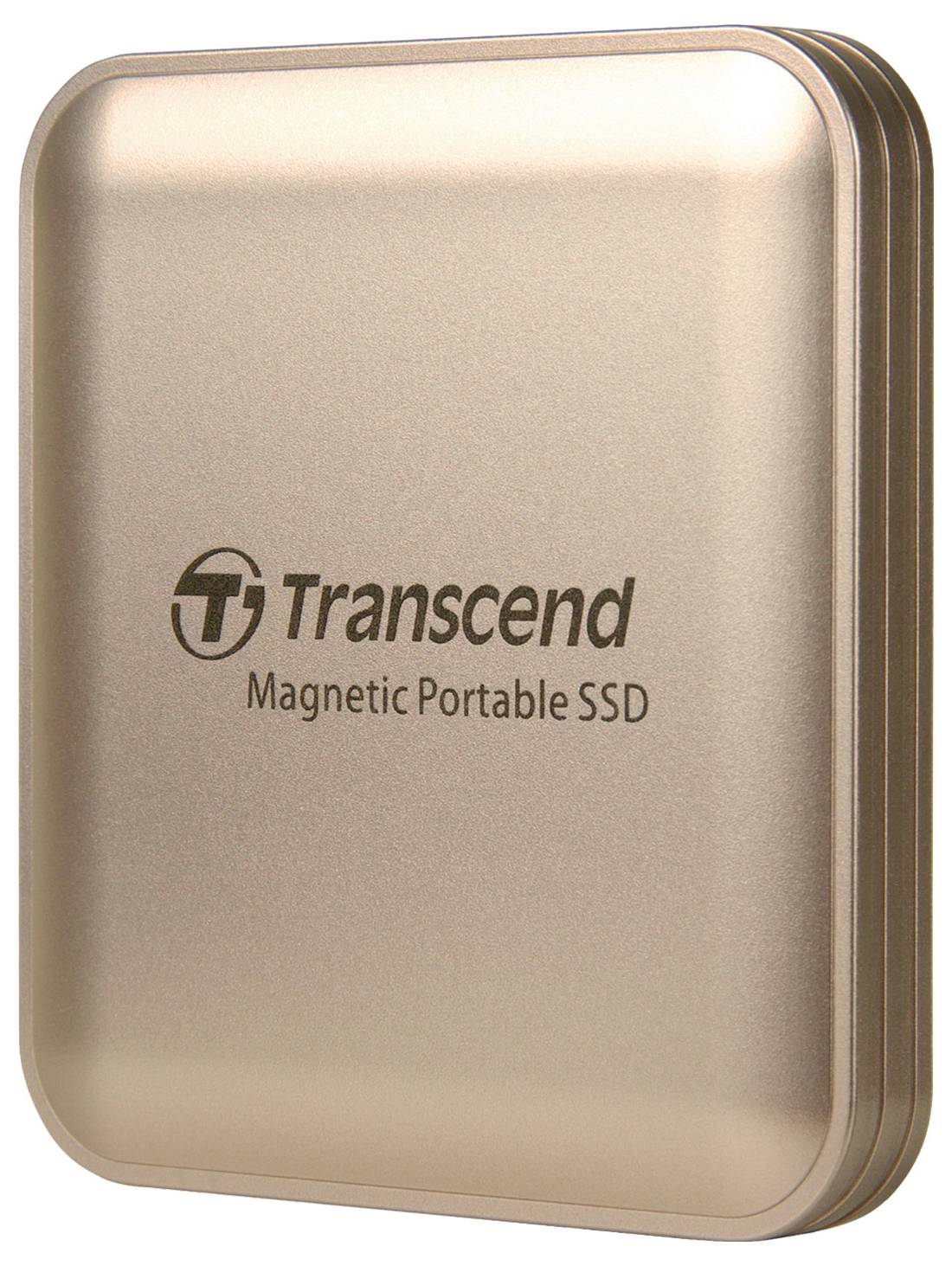 Un SSD portable Transcend Magnetic de couleur or au design élégant et arrondi.