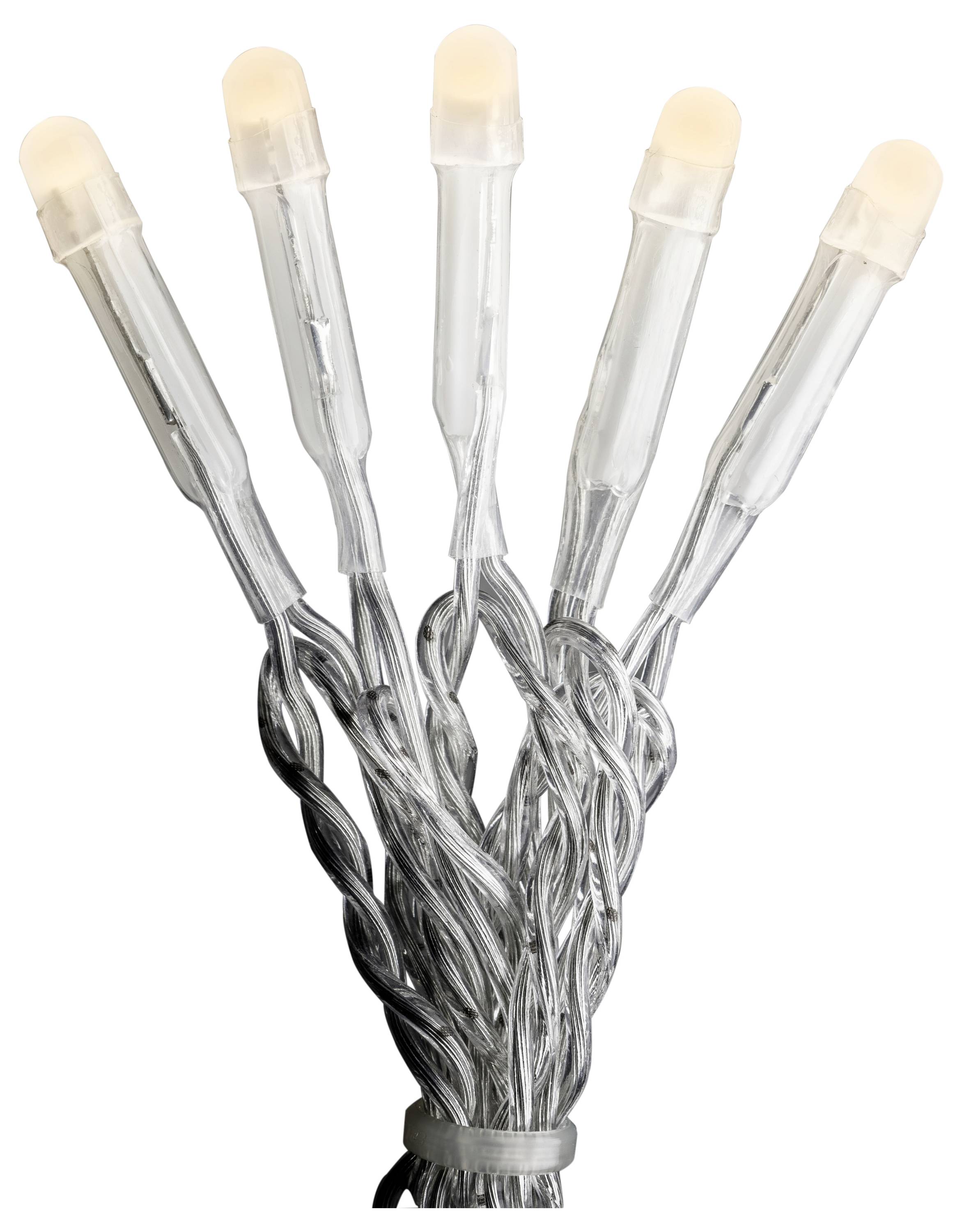 Un ensemble de guirlandes lumineuses LED transparentes comportant cinq ampoules, chacune recouverte d'un boîtier translucide, reliées par des fils torsadés argentés.