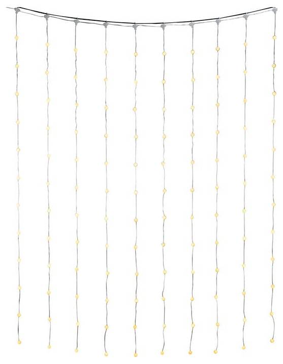 Un rideau de fil composé de guirlandes lumineuses LED pend verticalement en lignes parallèles droites, chaque ligne contenant des ampoules jaune chaleureux également espacées.