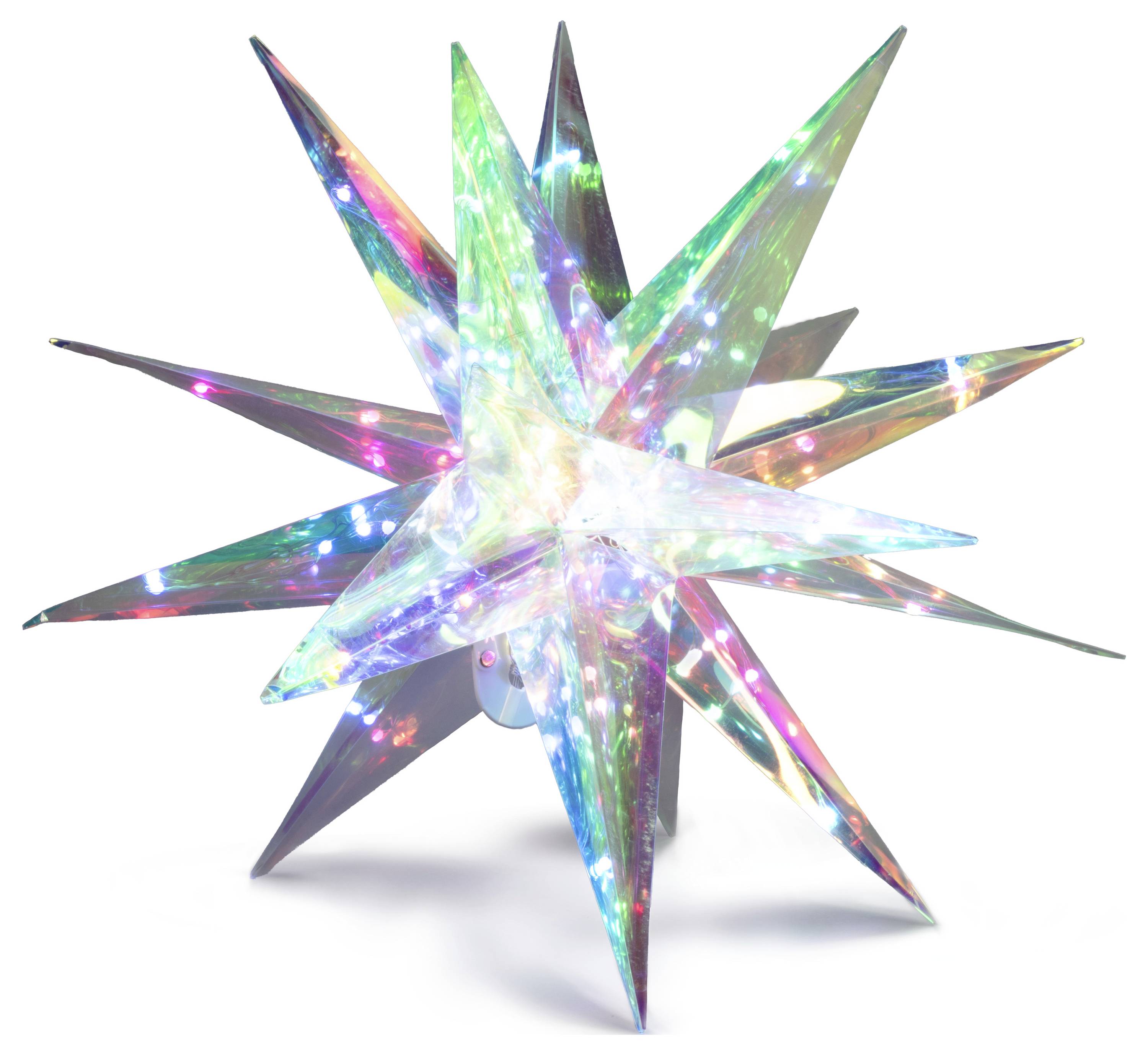 Une sculpture d'étoile multicolore et illuminée, aux pointes aiguës et anguleuses, créant un affichage lumineux vibrant et dynamique.