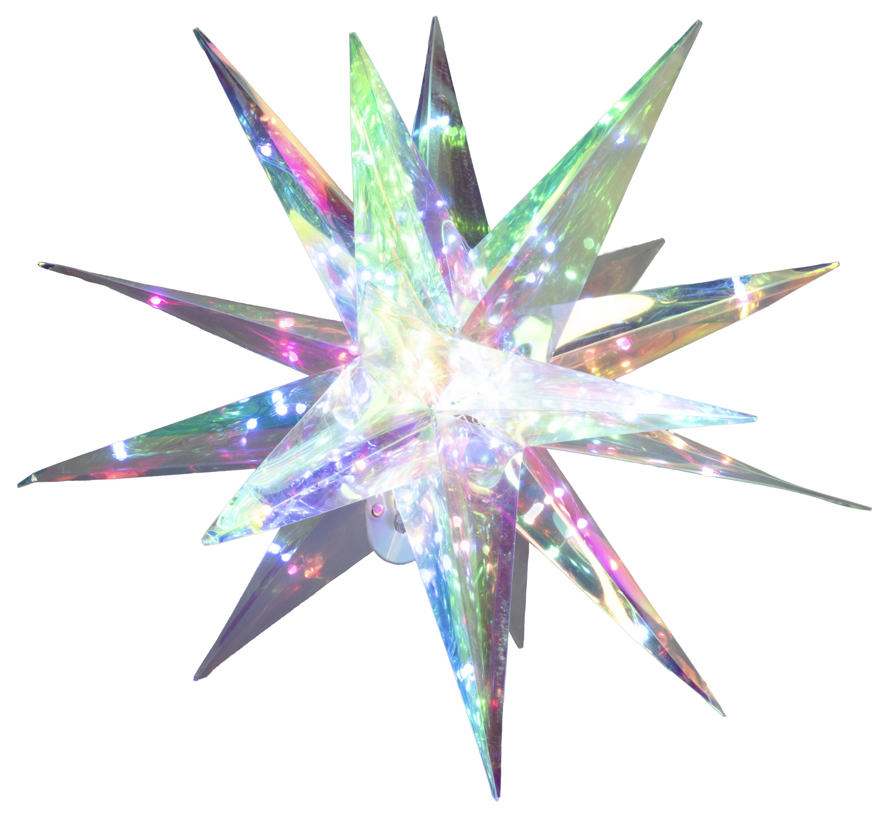 Une étoile lumineuse aux multiples pointes émet des lumières colorées, mélangeant des nuances de vert, de bleu, de violet, de rose et de blanc.