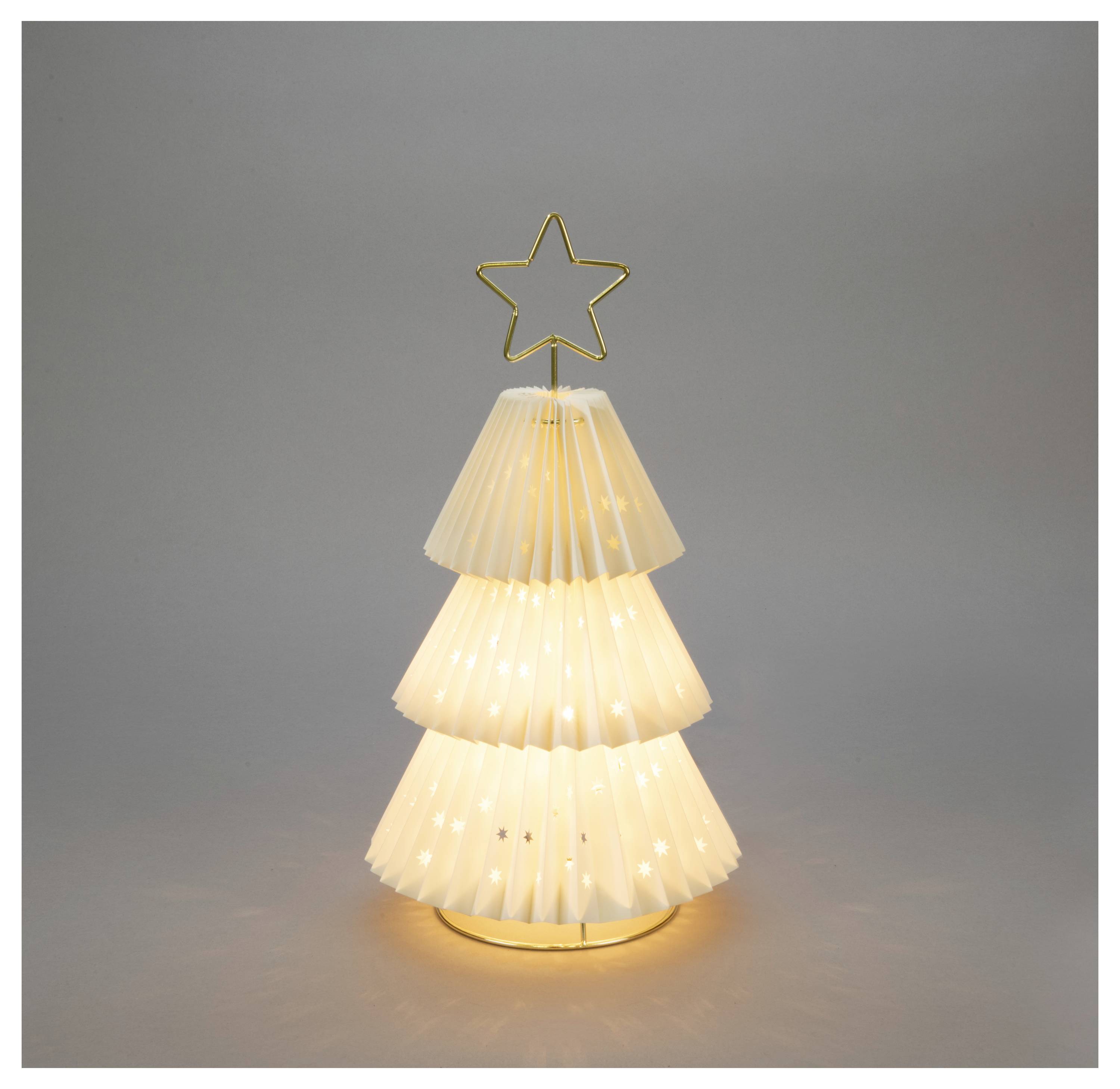 Arbre de Noël en papier illuminé avec une étoile en sommet, présentant un design en étages et des lumières scintillantes, sur un fond gris.
