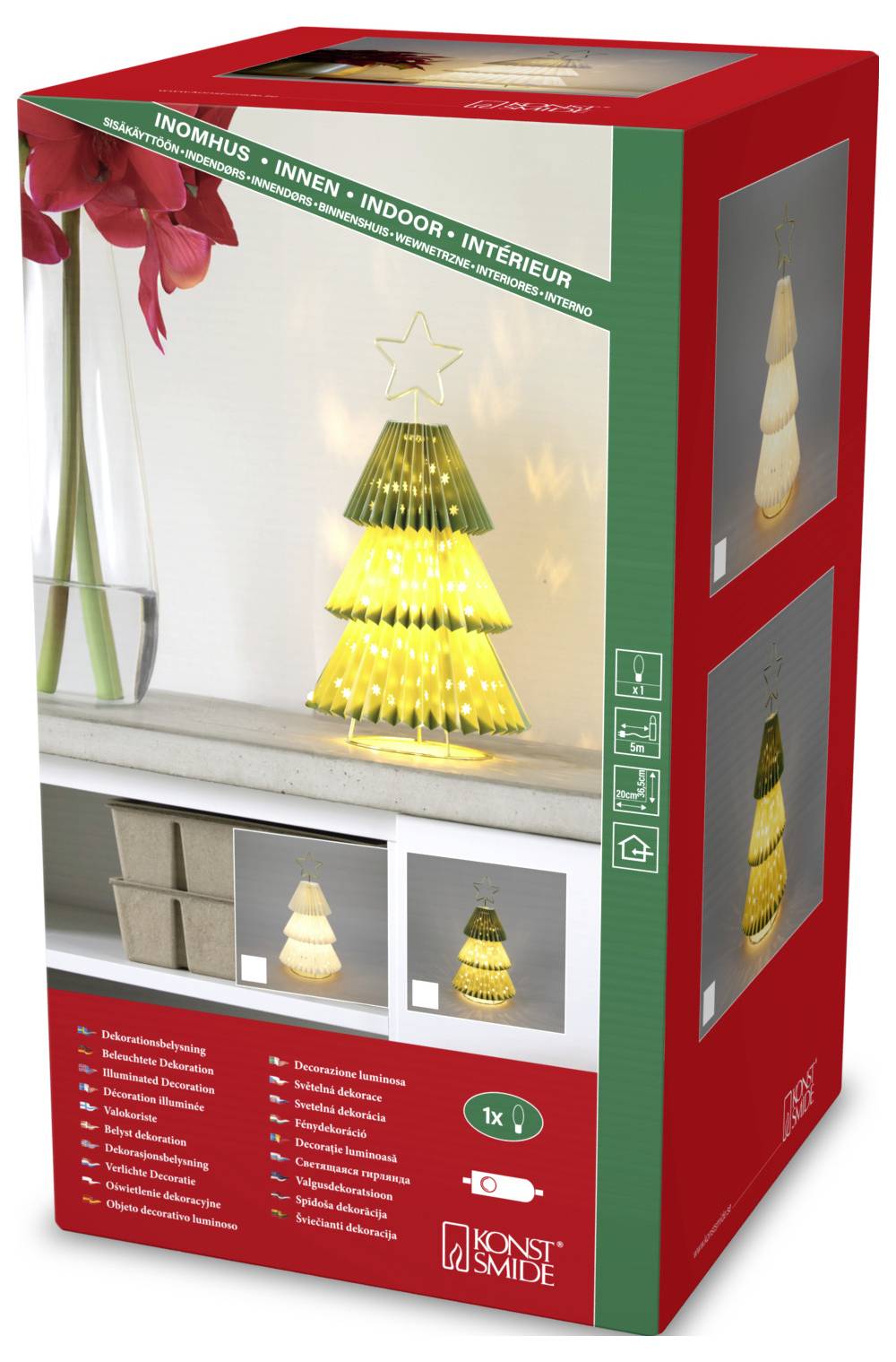 Boîte de packaging pour un éclairage LED décoratif d'intérieur en forme d'arbre festif, présentant des images de la décoration illuminée sur une table.