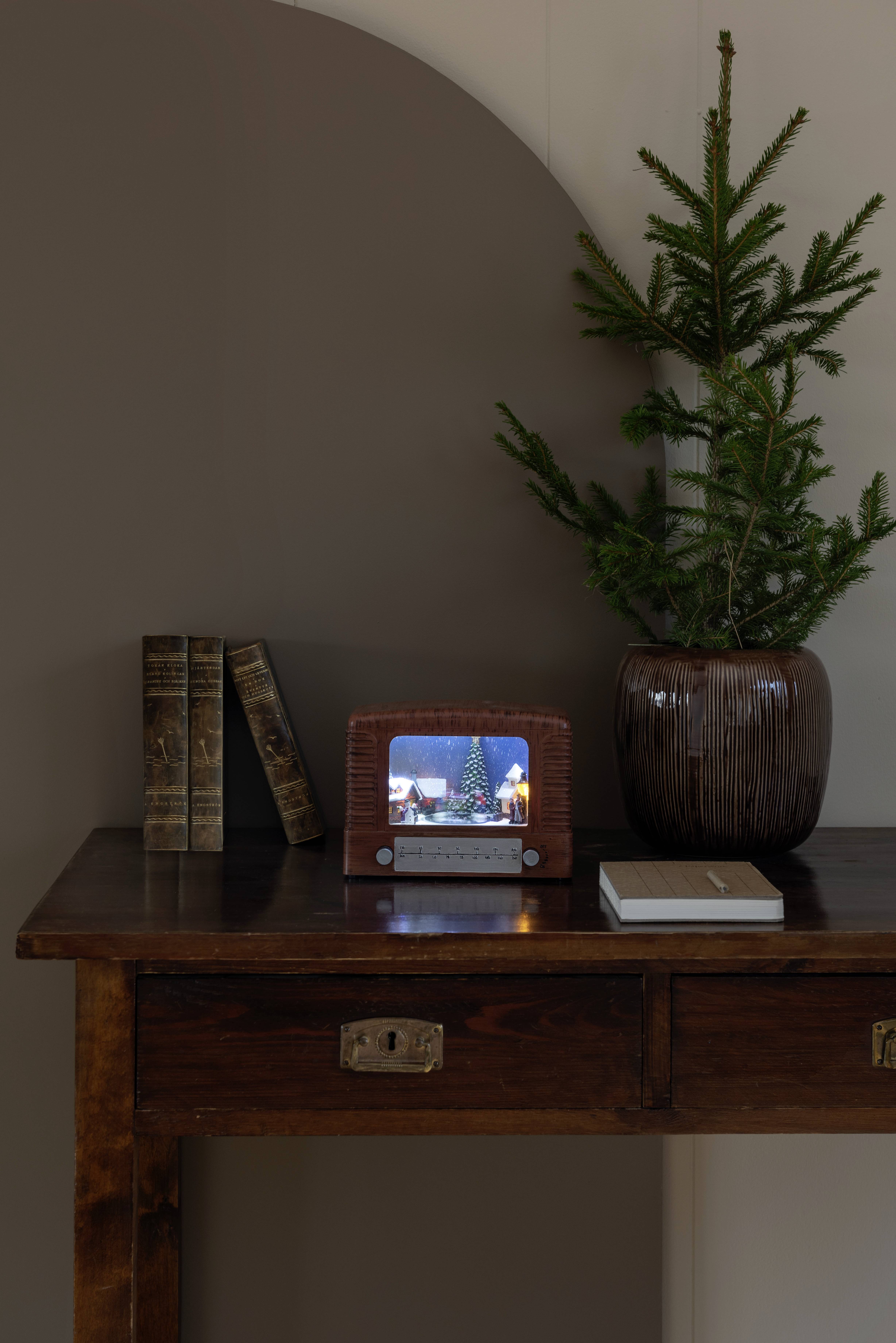 Un petit téléviseur rétro sur une table en bois montre une scène de vacances avec un sapin de Noël. Un arbuste touffu en pot et des livres sont disposés à côté.