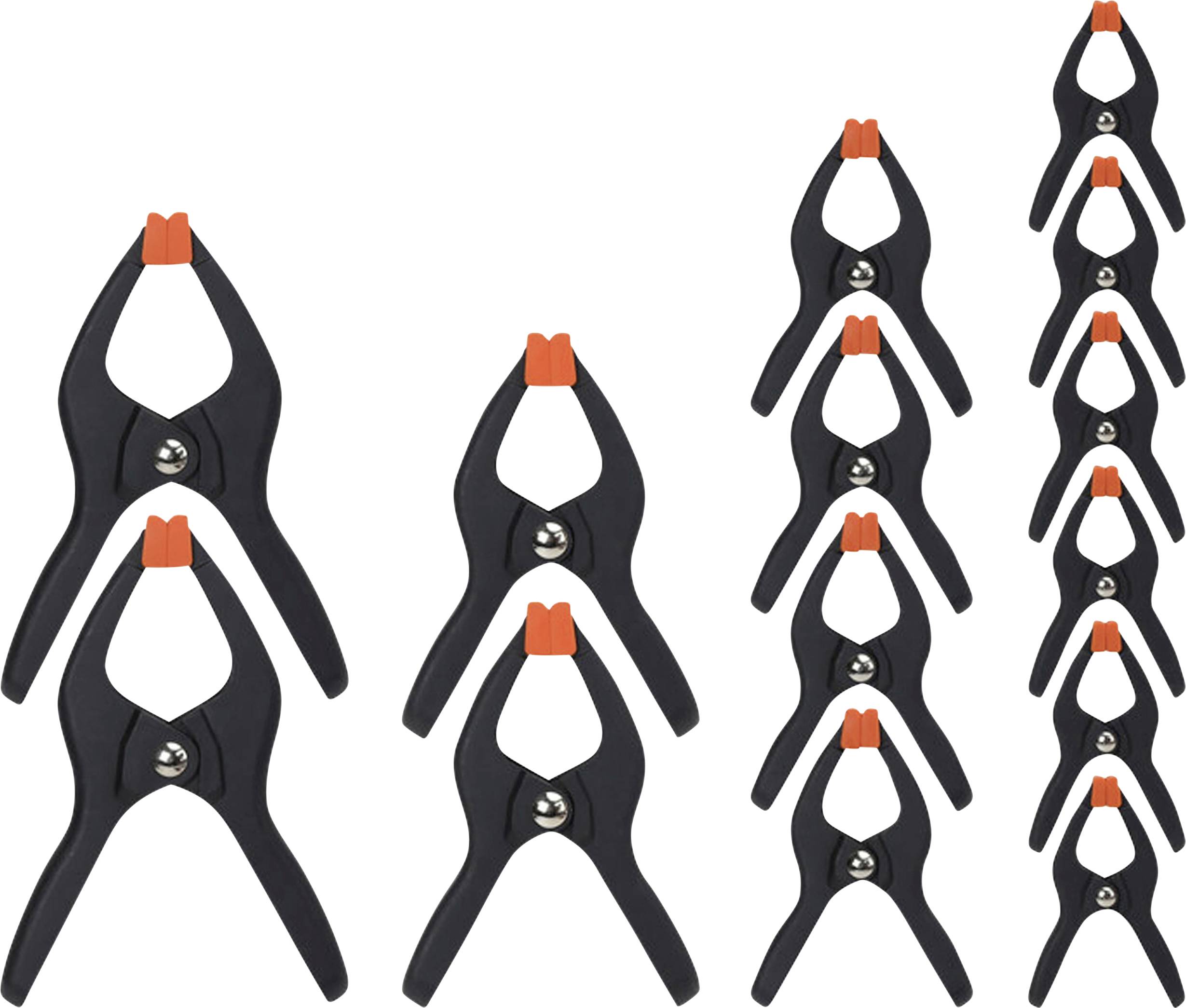 Deux rangées de pinces de serrage à ressort noires avec des embouts rouges de différentes tailles, disposées de la plus grande à la plus petite. Utilisées pour maintenir des objets fermement.