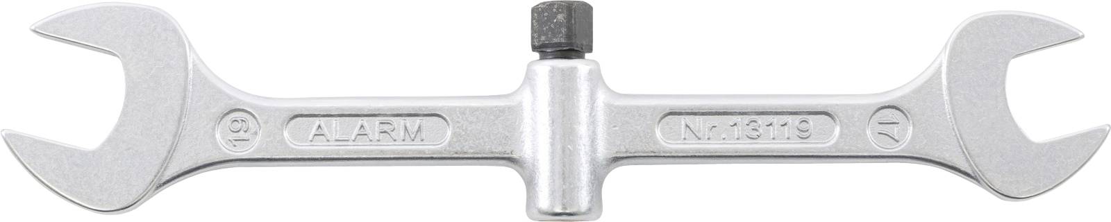 Une clé à double embout en argent avec un ajusteur central à écrou hexagonal et un texte gravé 'A.A.R.W' et 'No. 18119' sur son corps.