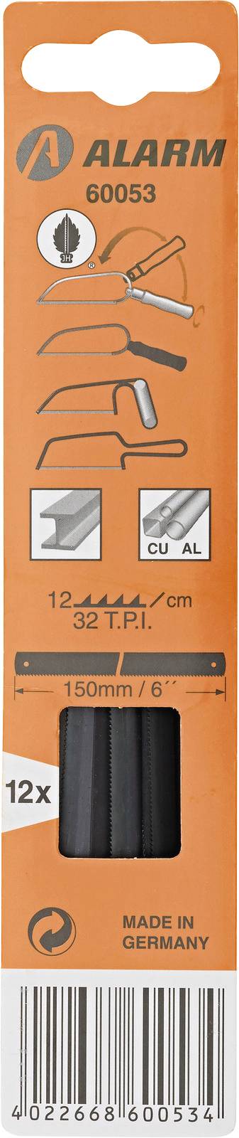 Un emballage orange pour lames de scie Alarm, modèle 60053. Présente des icônes indiquant l'utilisation avec des matériaux métalliques et non métalliques, 12 lames par paquet. Fabriqué en Allemagne.