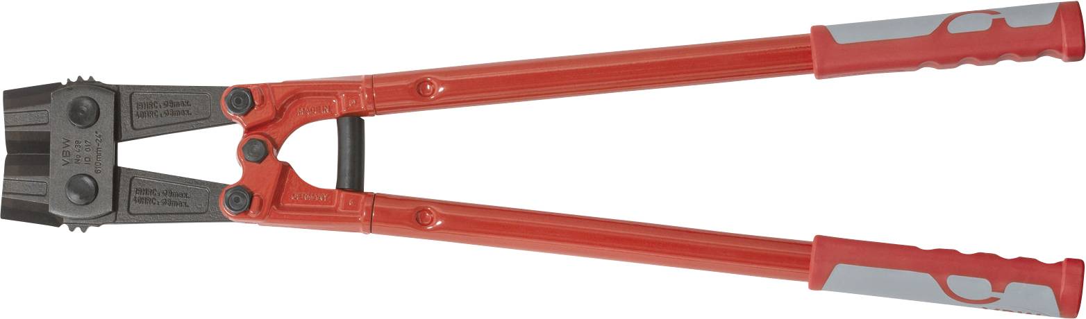Rot-handierte Bolzenschneider mit schwarzen Backen, entwickelt zum Durchtrennen dichter Metallgegenstände.