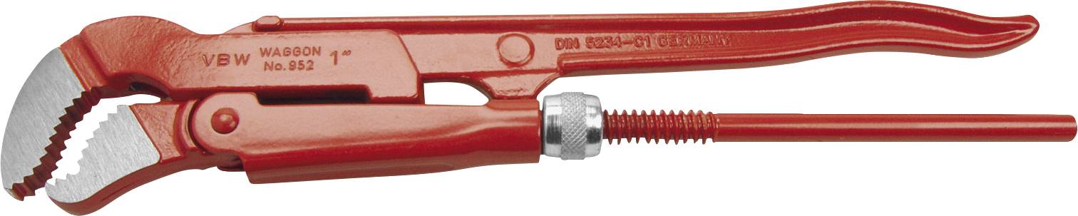 Clé à molette rouge avec mâchoires dentées et bras réglable pour une prise serrée des tuyaux.