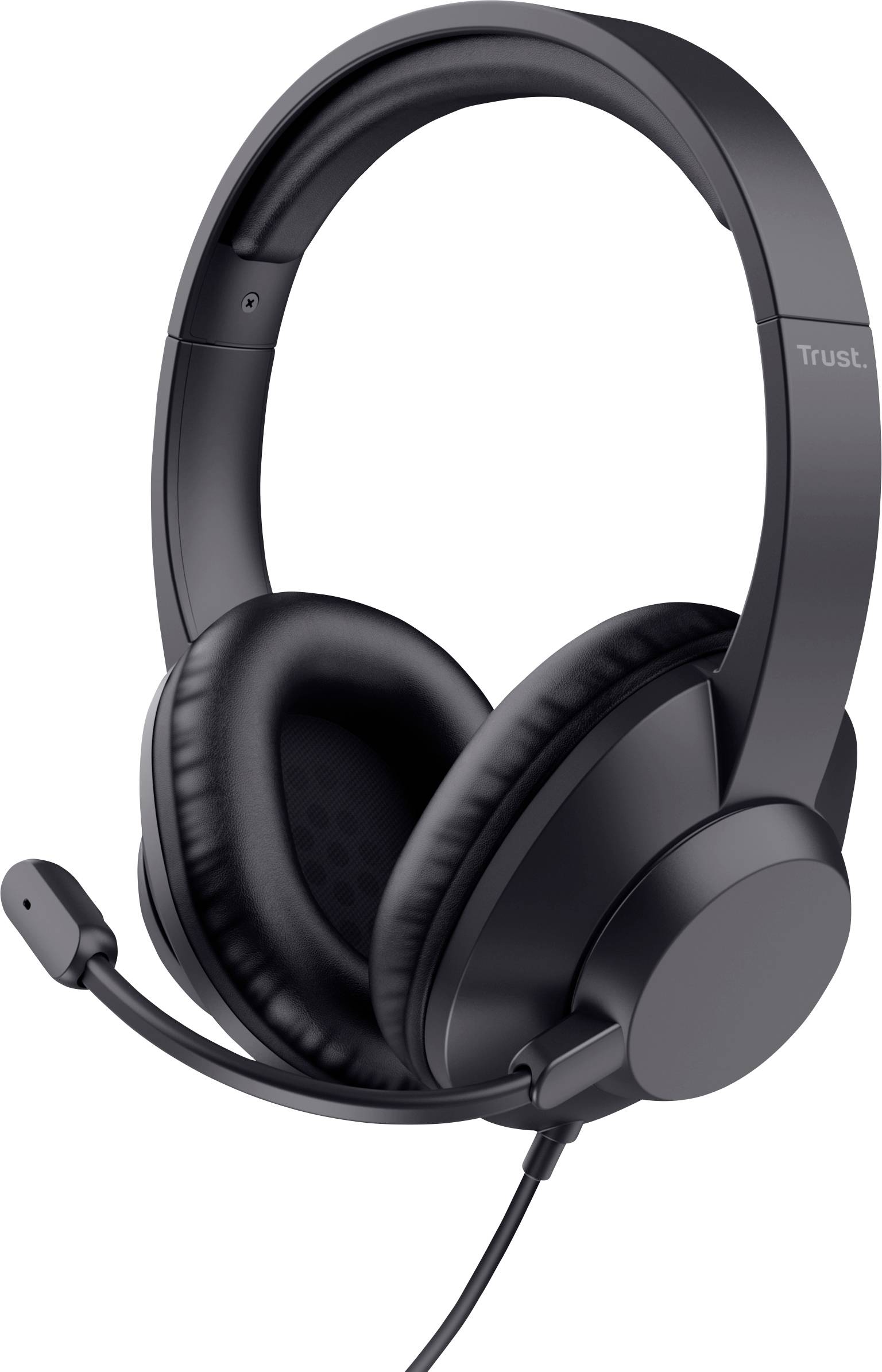 Casque noir supra-auriculaire avec un bandeau rembourré et un microphone ajustable fixé.