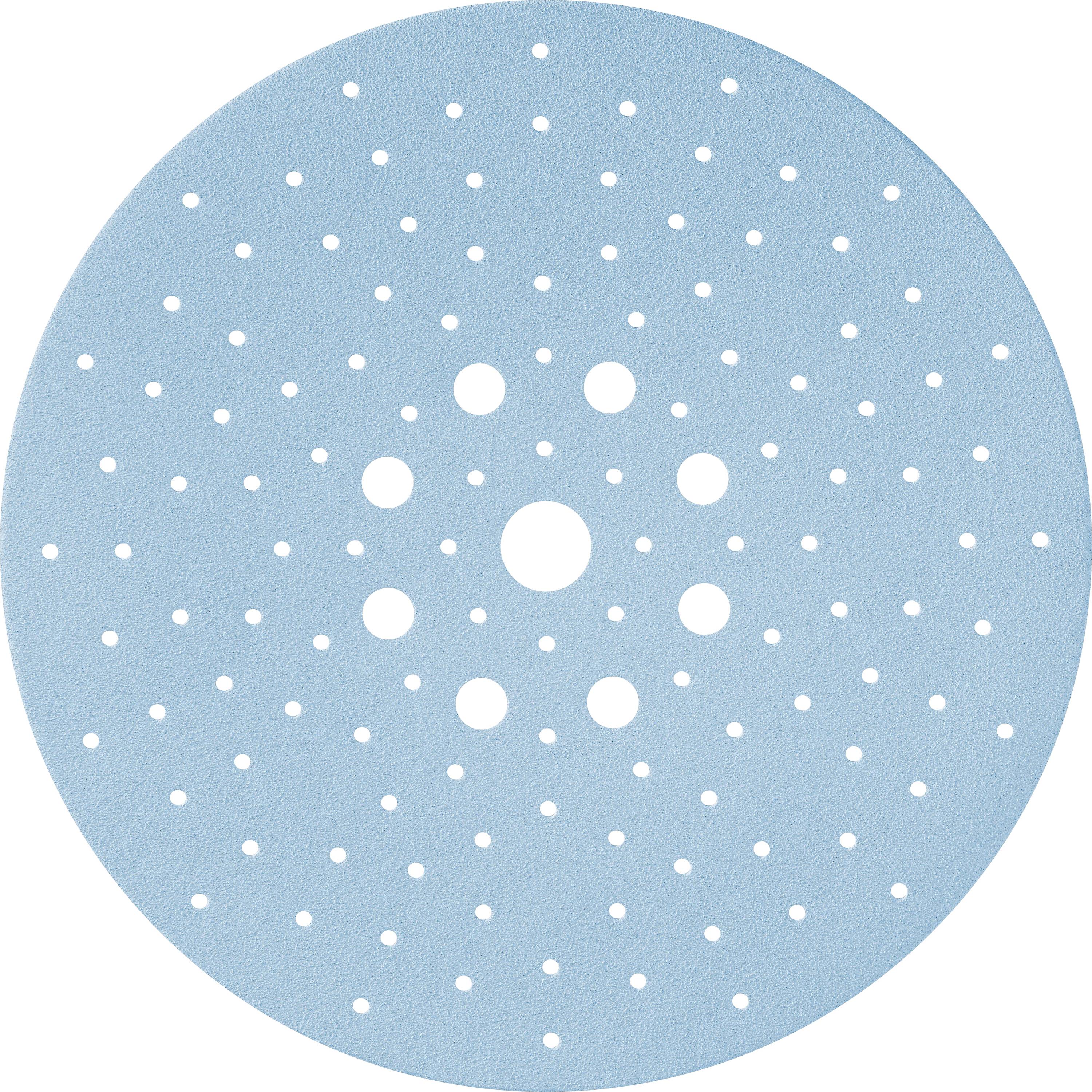 Un disque de papier de verre rond et bleu, percé de plusieurs petits trous disposés en cercles concentriques, utilisé pour poncer des surfaces.