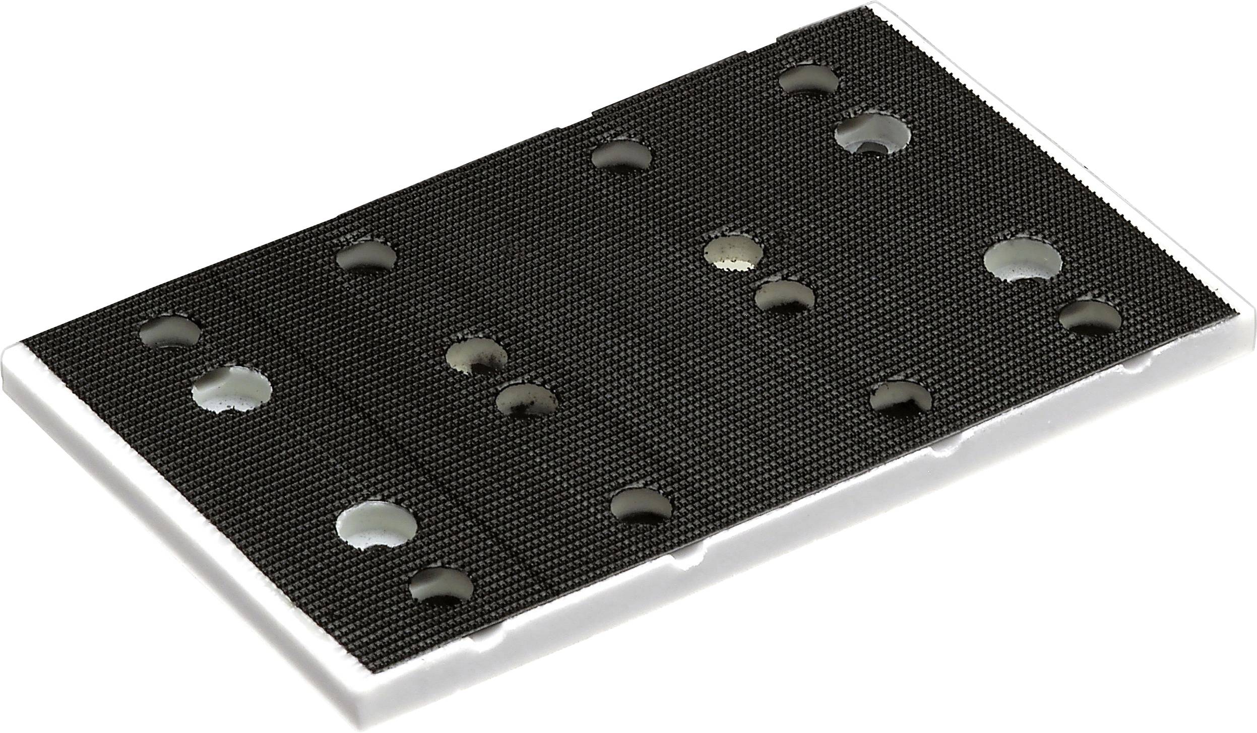 Tampon de ponçage abrasif rectangulaire noir avec une grille de trous circulaires, utilisé pour lisser les surfaces.