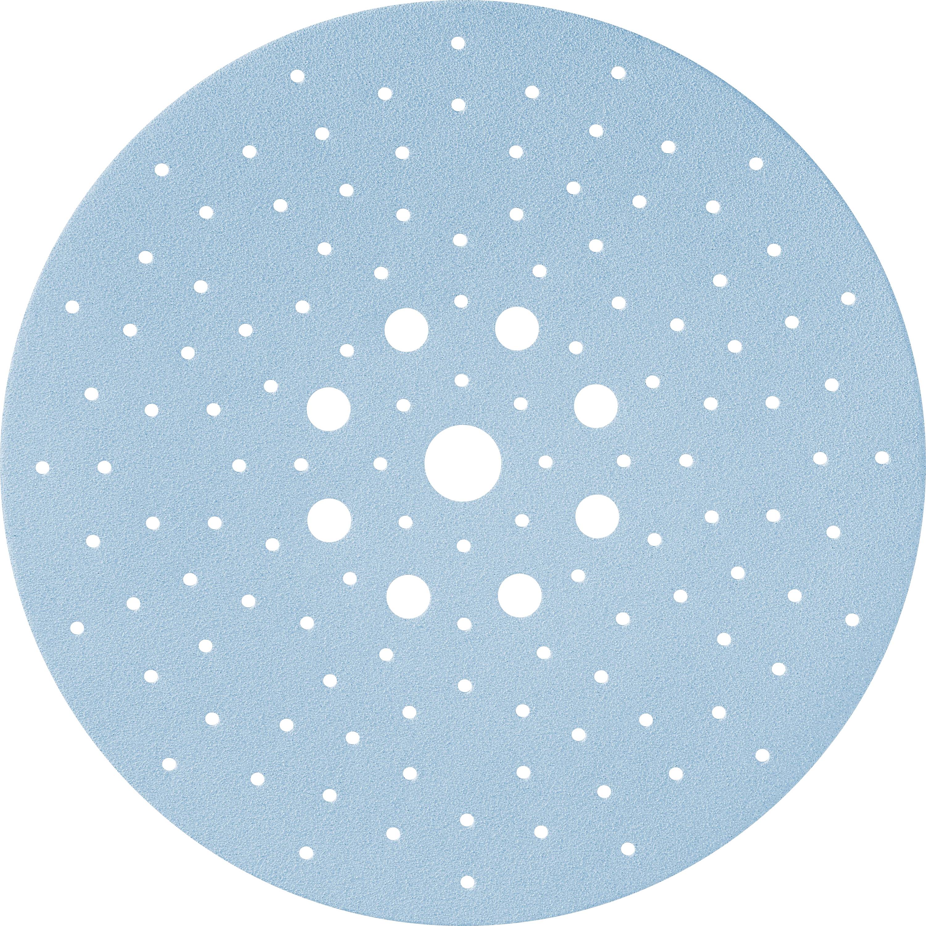 Disque de ponçage circulaire bleu avec plusieurs trous de différentes tailles disposés symétriquement, conçu pour l'élimination de la poussière lors des travaux de ponçage.