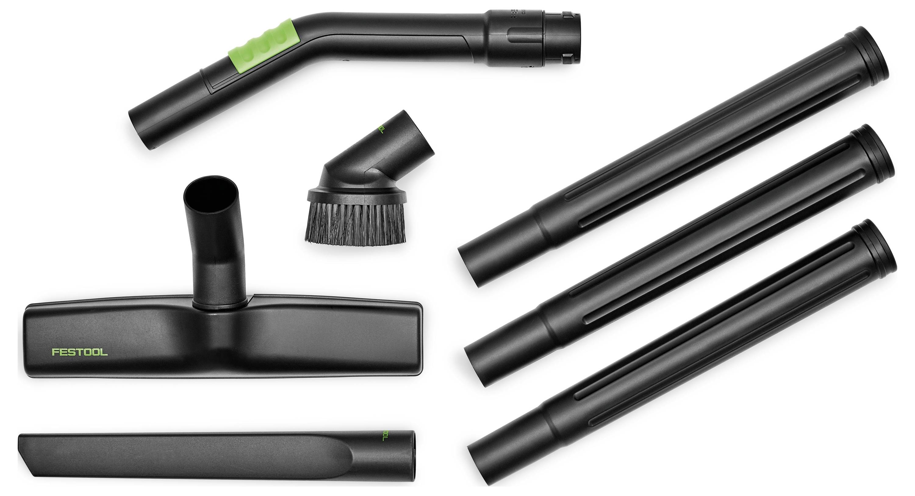 Ensemble d'accessoires d'aspirateur comprenant des tubes d'extension, une brosse, un embout pour coins et recoins et une tête de sol, disposés sur un fond blanc.