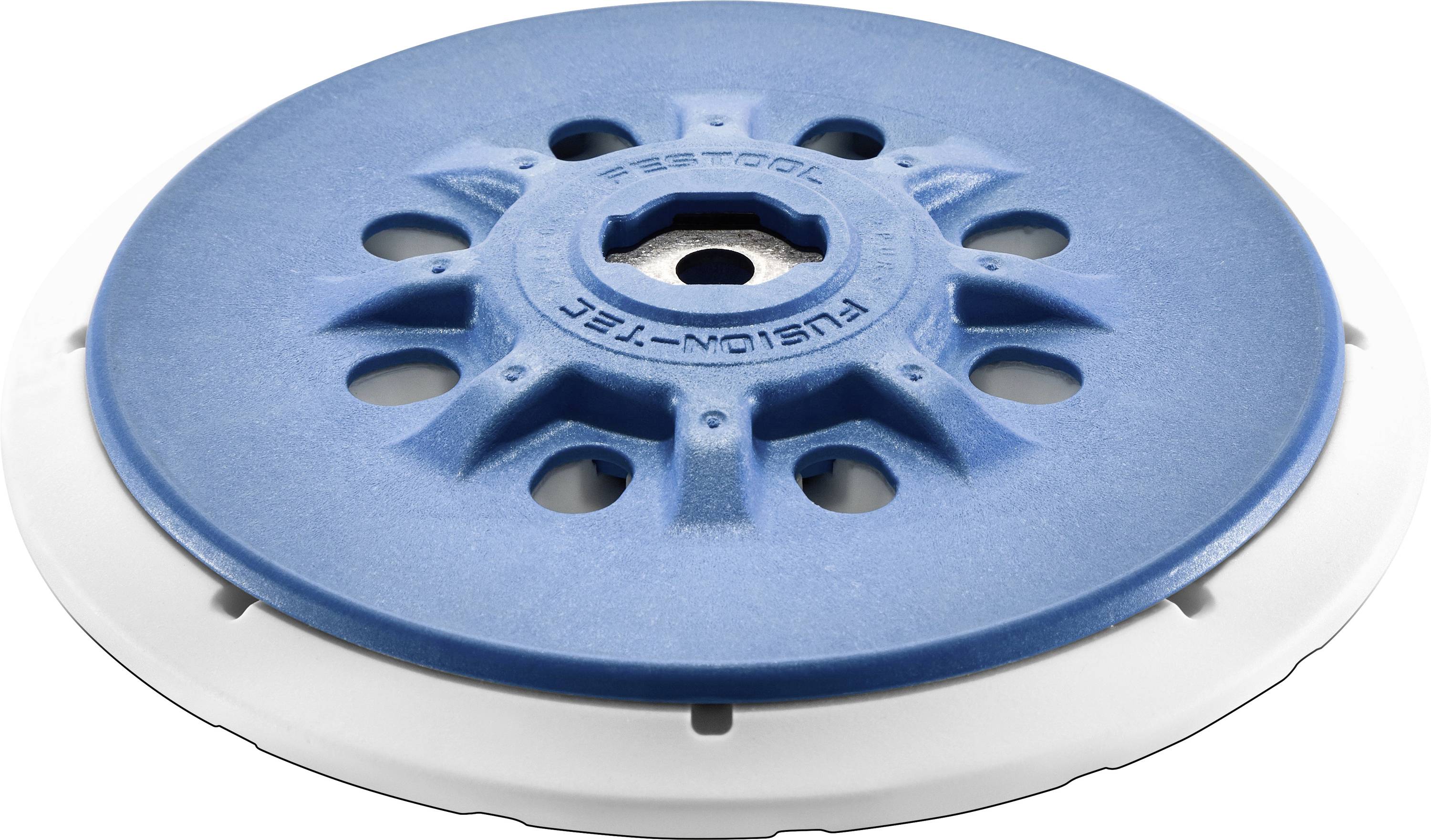Un tampon de ponçage bleu et blanc avec plusieurs trous et la marque « FESTOOL », conçu pour être fixé à des outils électroportatifs pour la finition de surfaces.