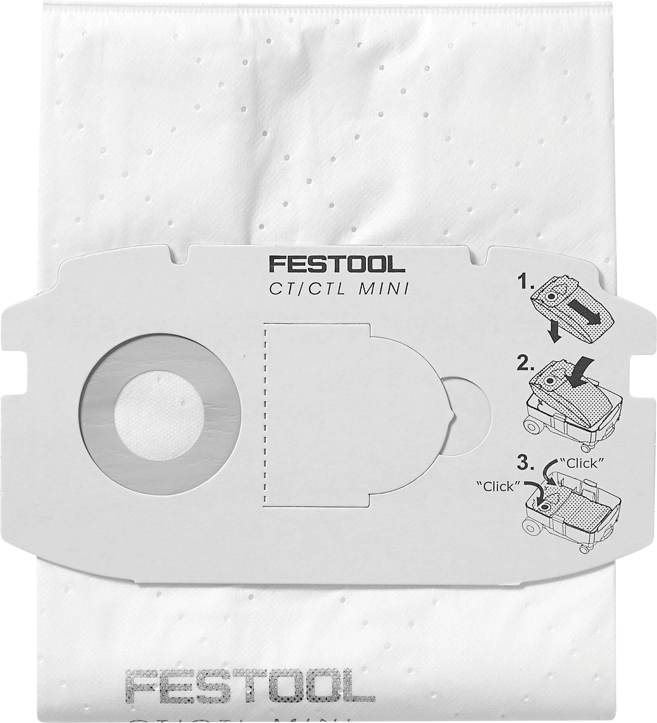 Un sac d'aspirateur étiqueté « FESTOOL CT/CTL MINI » avec des instructions indiquant trois étapes pour l'installation sur un aspirateur.