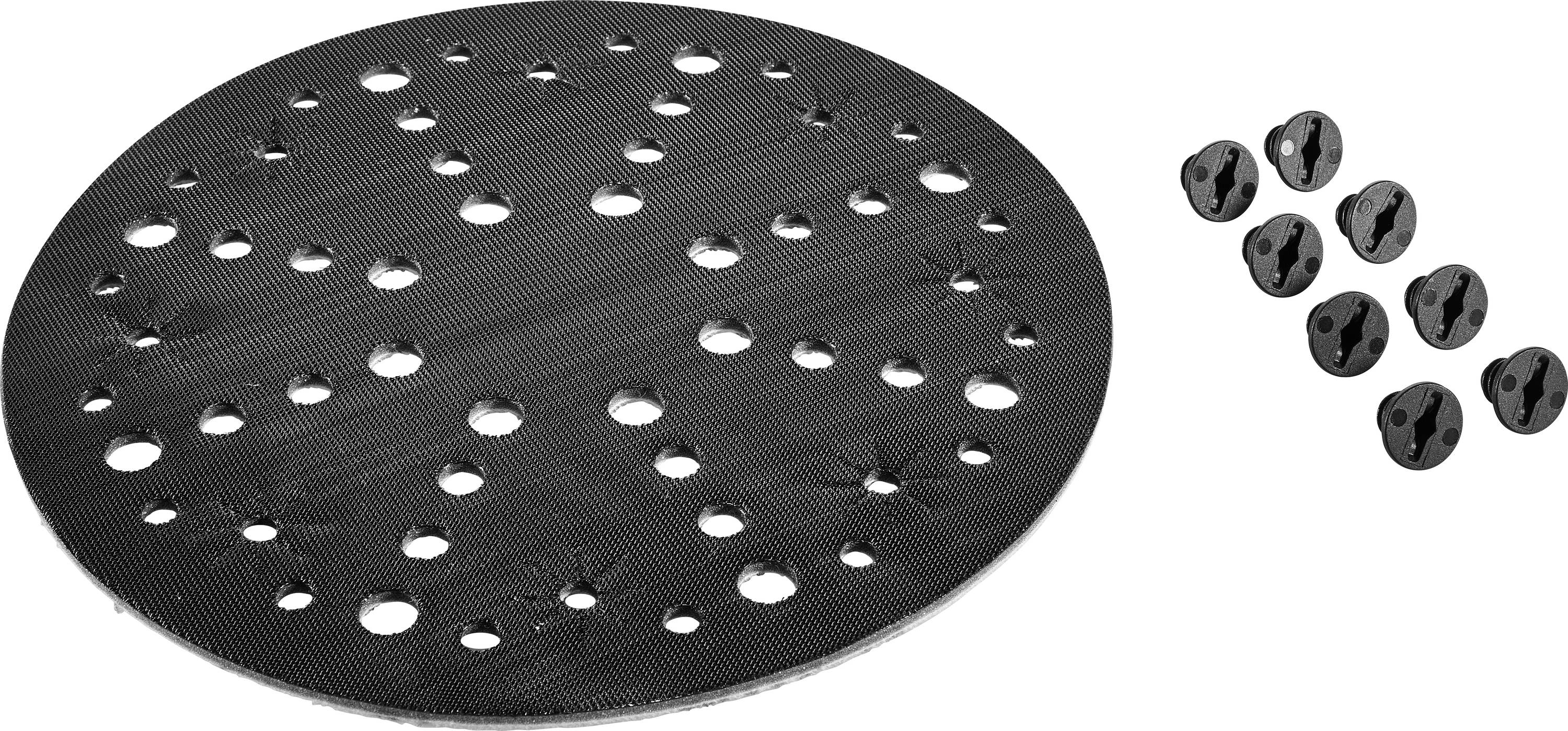 Disque de ponçage en carbone avec plusieurs trous à côté d'un ensemble de huit petites pinces circulaires sur un fond blanc.