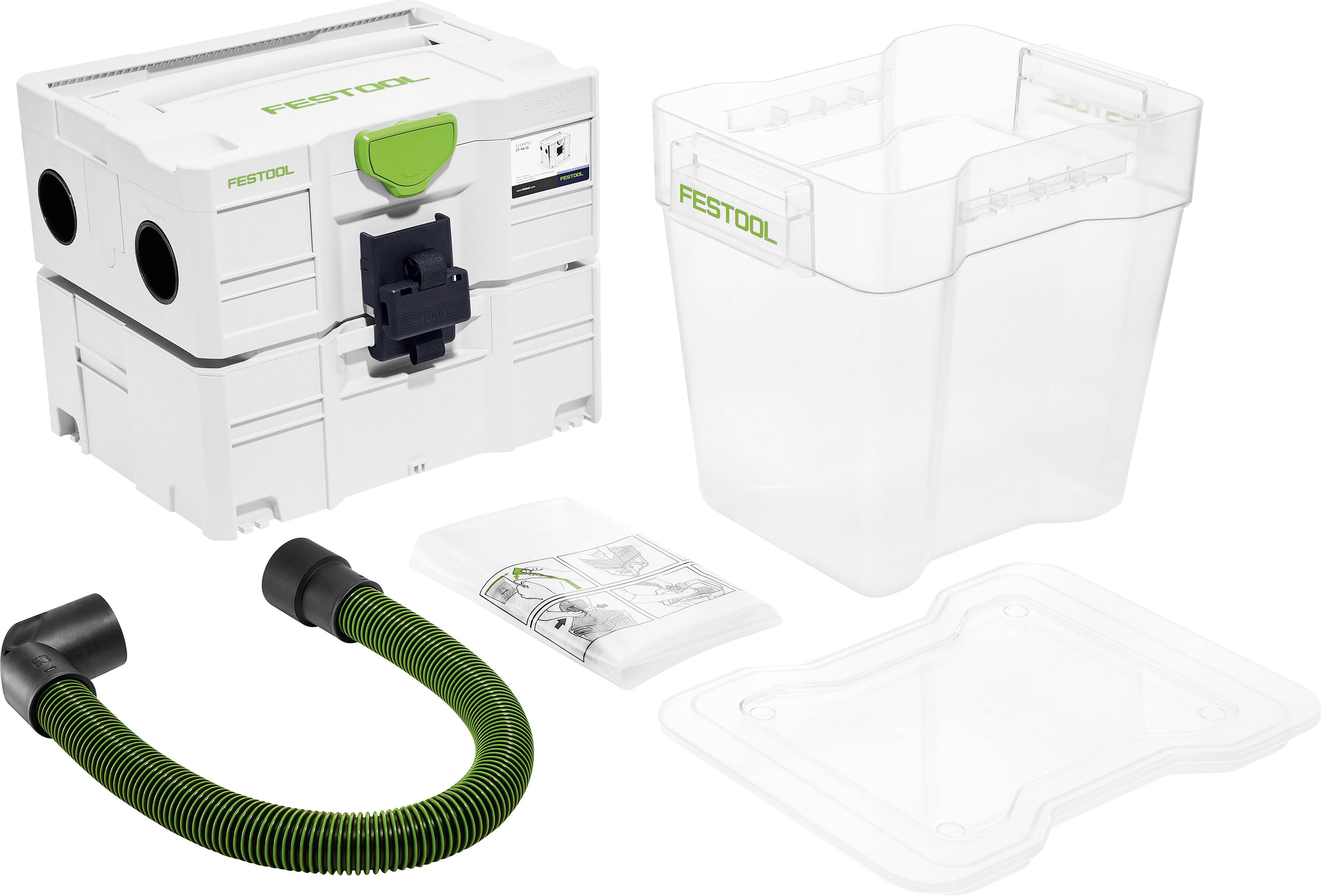 Vakuummaschine-Set bestehend aus einer Vakuumbox, transparentem Staubsammler-Aufsatz, flexiblem Schlauch und Bedienungsanleitung.