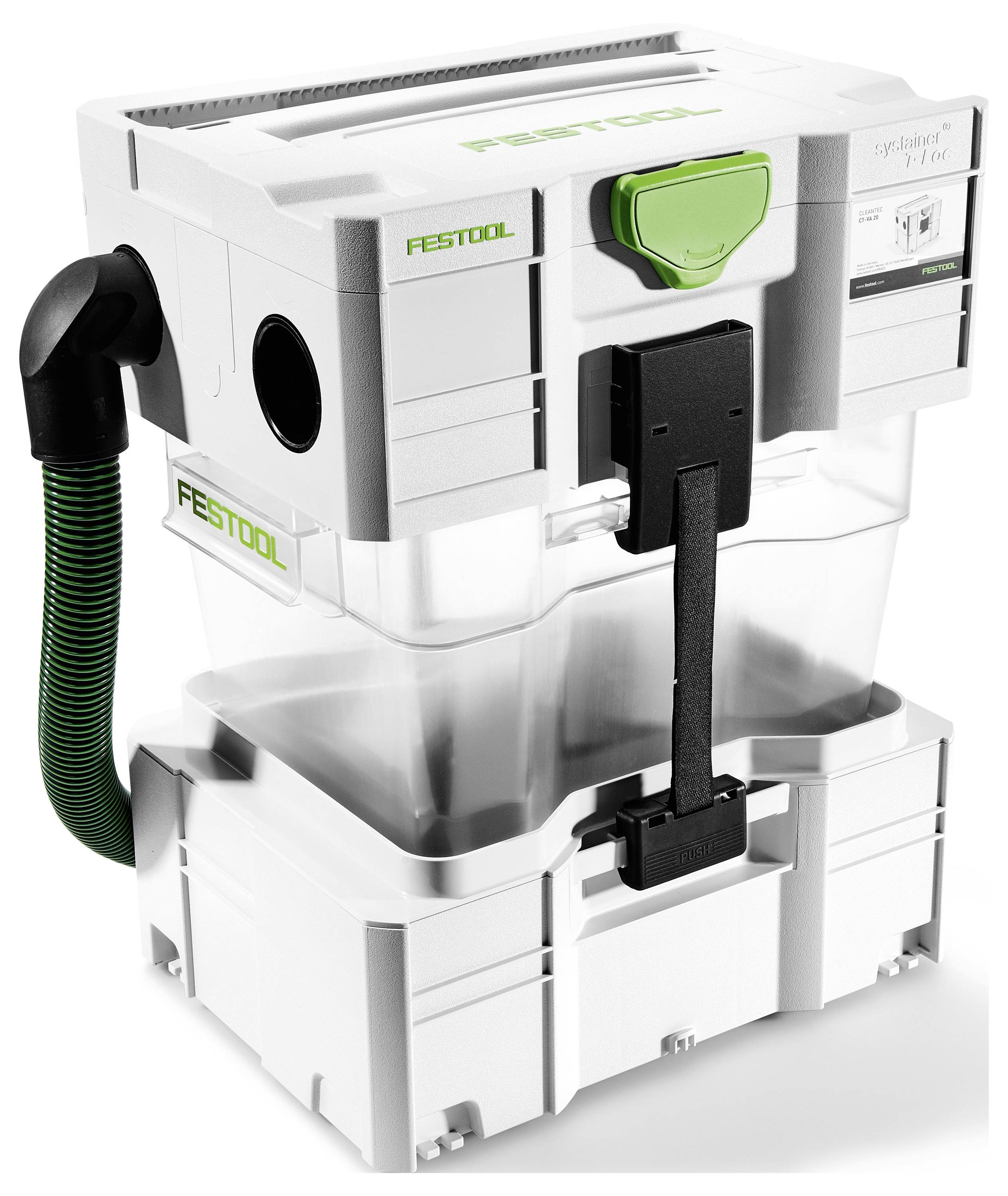 Extracteur de poussière 'Festool' à conception modulaire, doté d'un bac de collecte transparent et de touches vertes, utilisé pour la collecte des poussières en menuiserie.