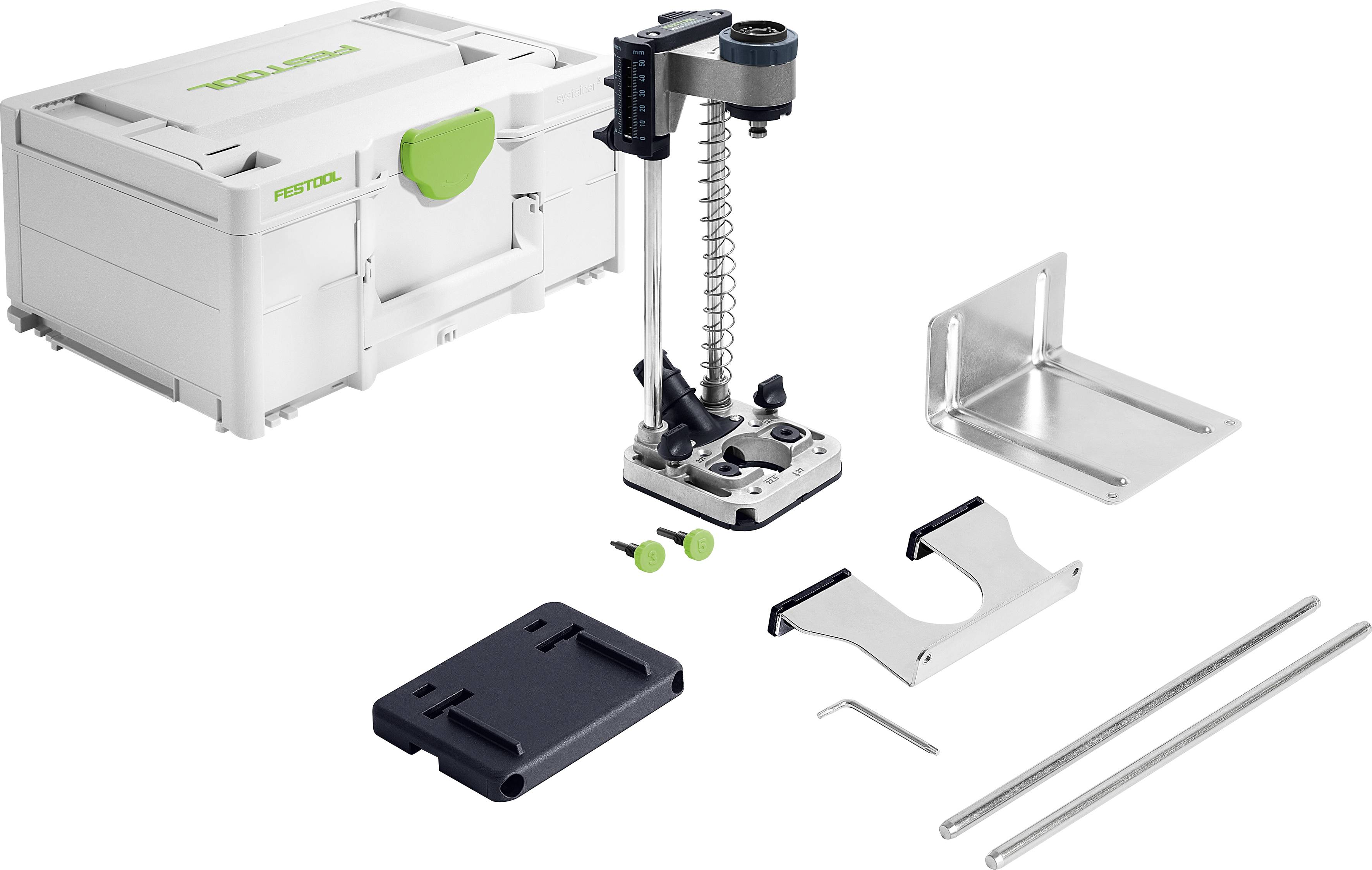 Bohrerzubehör-Set von Festool mit mehreren Metallkomponenten und grünen Details, neben einem tragbaren Aufbewahrungskoffer.
