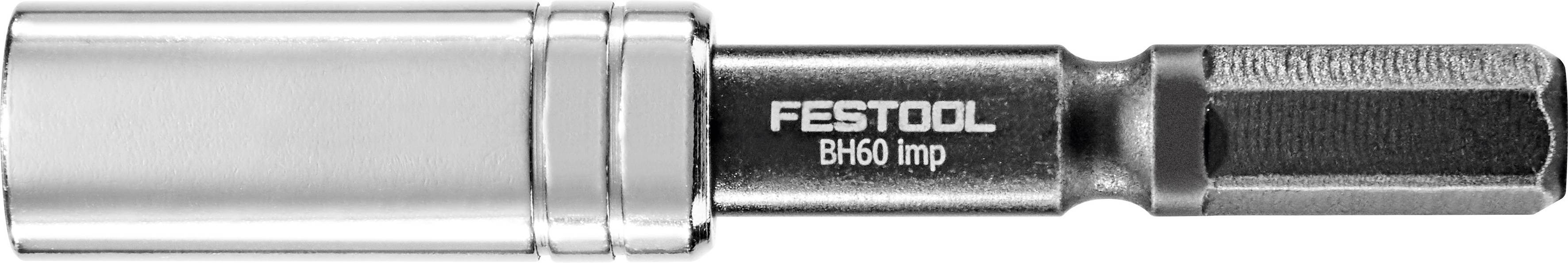 Ein Festool BH60 Imp Schrauberbit-Halter mit metallischer Oberfläche, auf dem der Markenname und das Modell im Bitbereich angezeigt werden.