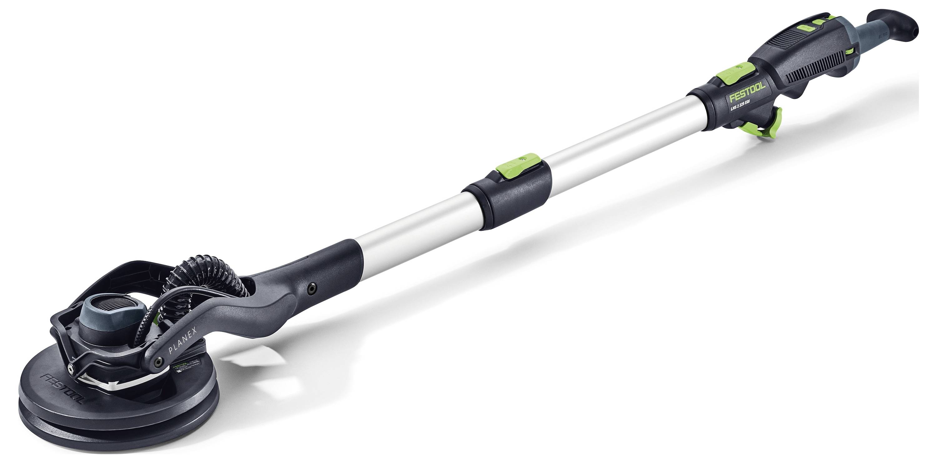 Une ponceuse électrique pour cloisons sèches avec manche télescopique, disque de ponçage et poignée ergonomique. Adaptée pour lisser les murs et les plafonds.