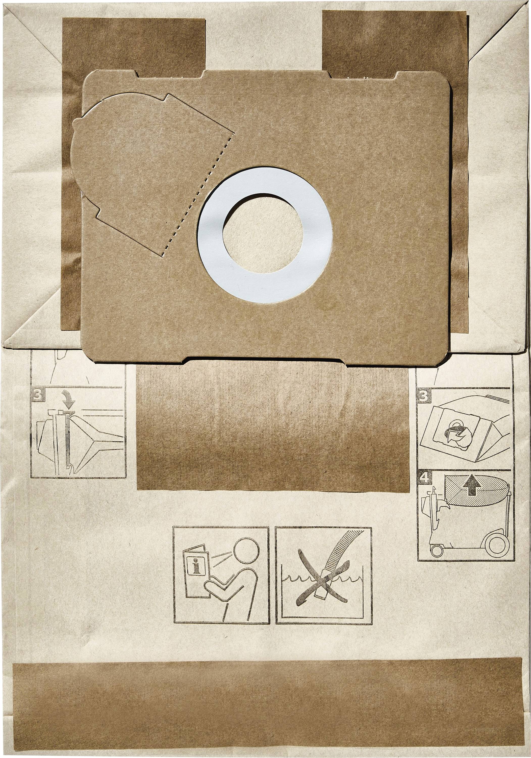 Sac d'aspirateur avec col en carton brun, perforations circulaires, et instructions illustrées montrant les étapes d'installation et d'élimination.