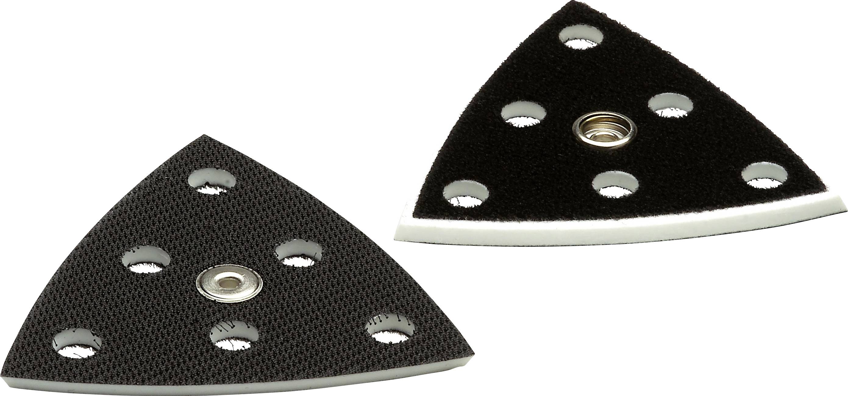 Deux tampons de ponçage noirs triangulaires, chacun percé de six trous, utilisés pour la finition des surfaces.