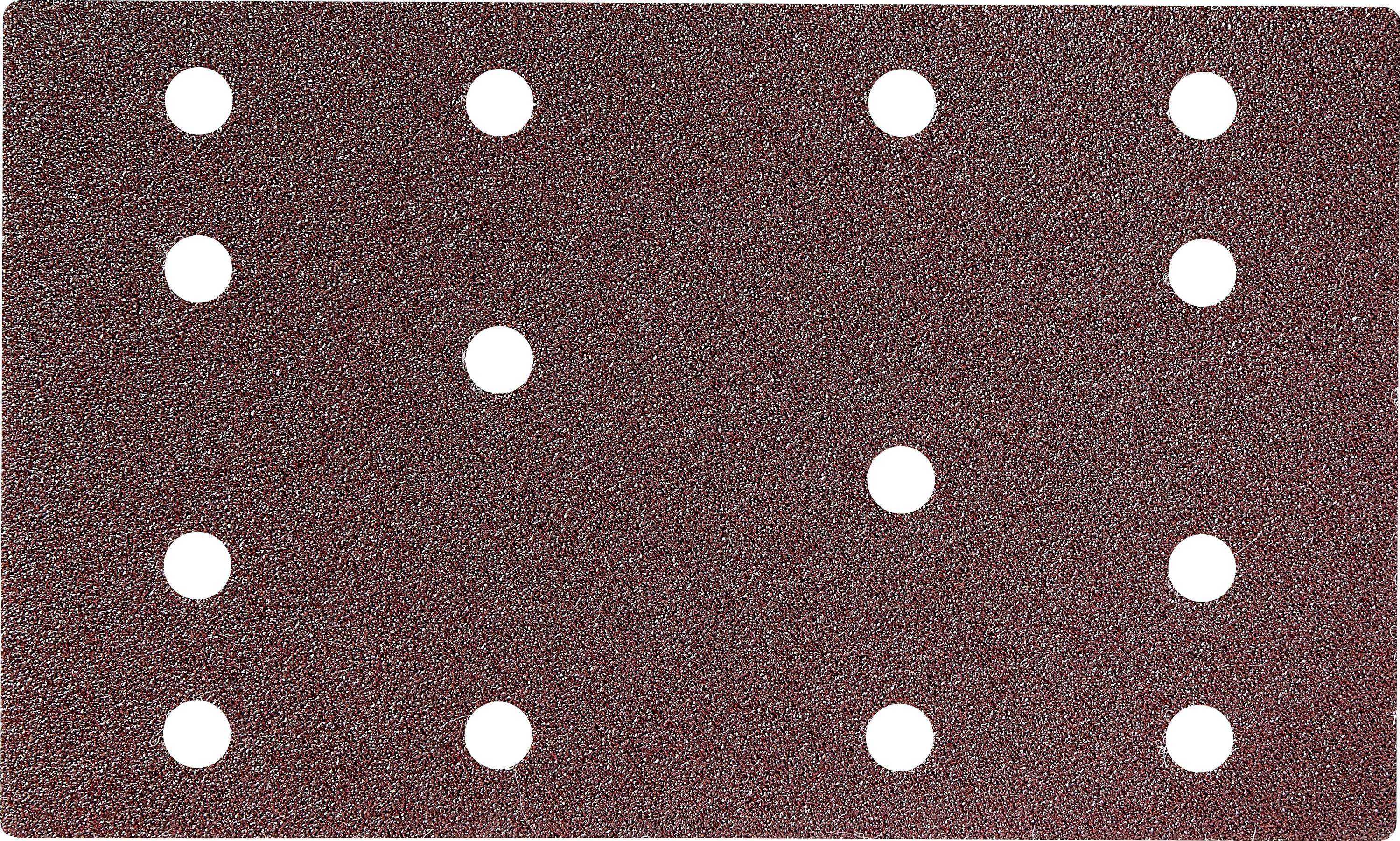 Feuille de papier de verre rectangulaire de couleur marron avec 14 trous répartis uniformément selon un motif de grille, utilisée pour poncer des surfaces.