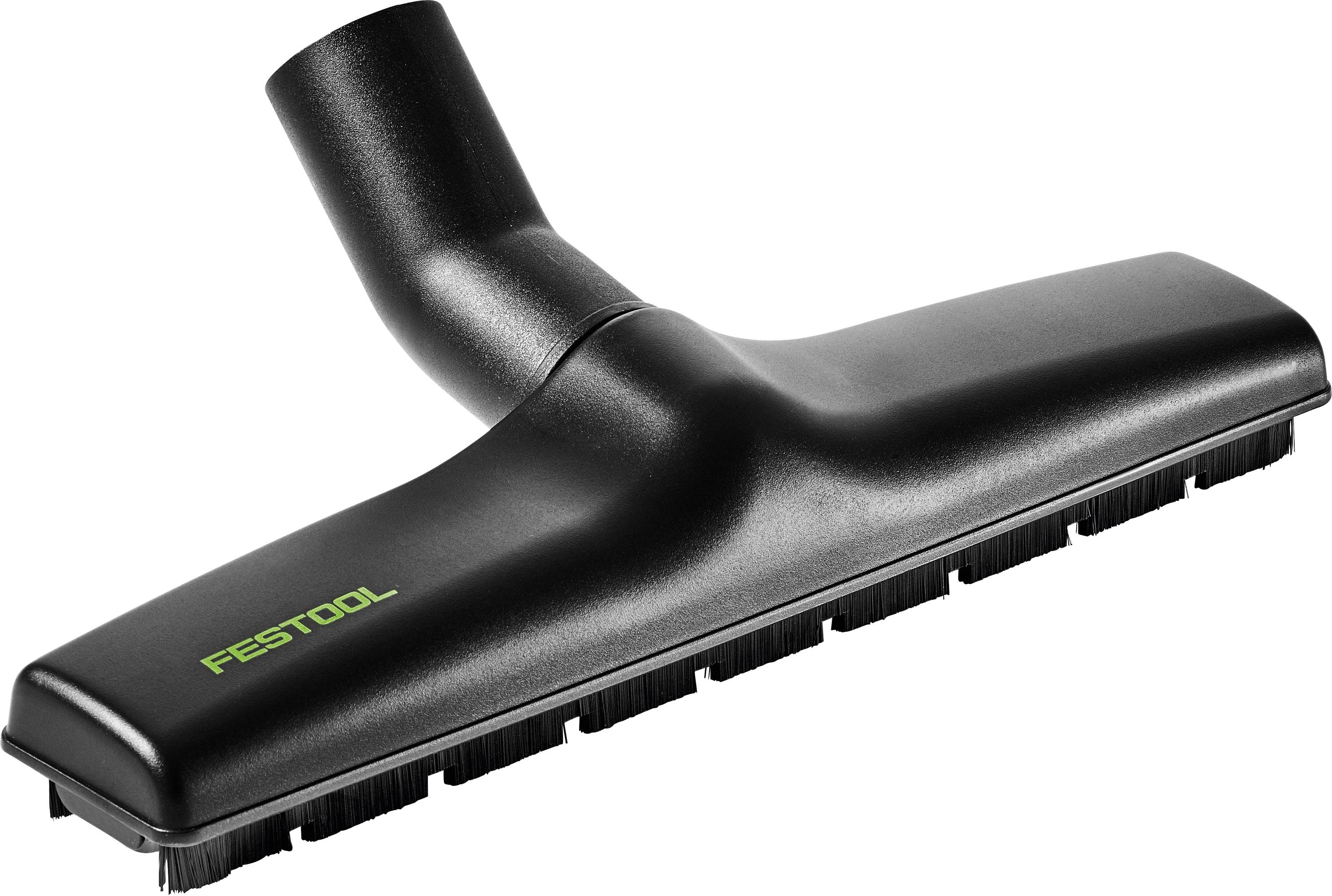 Une buse de nettoyage de sol noir pour aspirateur, de la marque 'Festool', présentant une large base à poils et un tube de raccordement coudé.