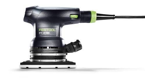 Ponceuse électrique portative avec un design noir et vert portant l'étiquette 'Festool RTS 400 REQ', équipée d'une surface de ponçage carrée et d'un cordon d'alimentation.