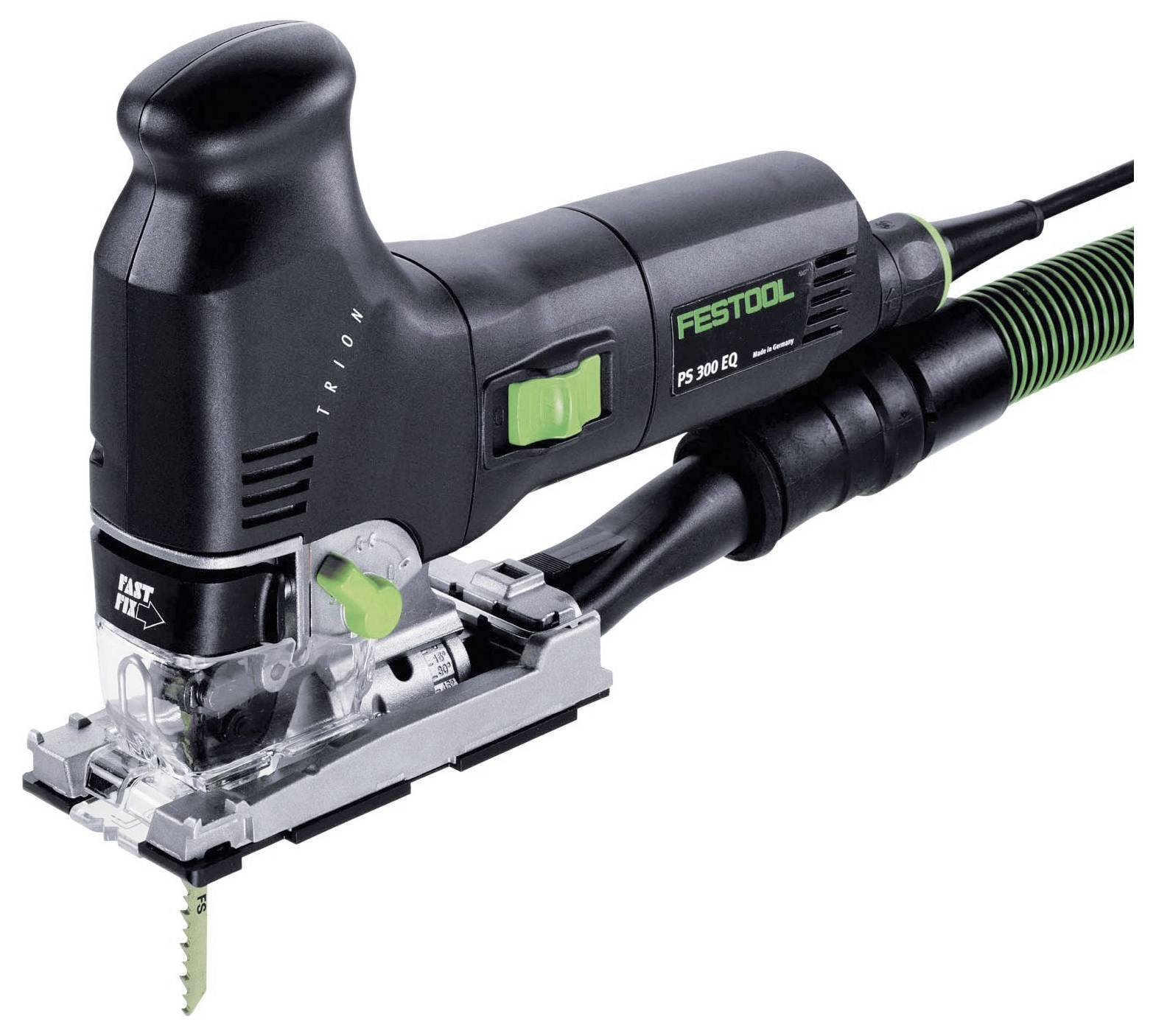 Une scie sauteuse de marque Festool avec une poignée ergonomique, une lame et un cordon d'alimentation visibles, utilisée pour des coupes précises dans les travaux de menuiserie.