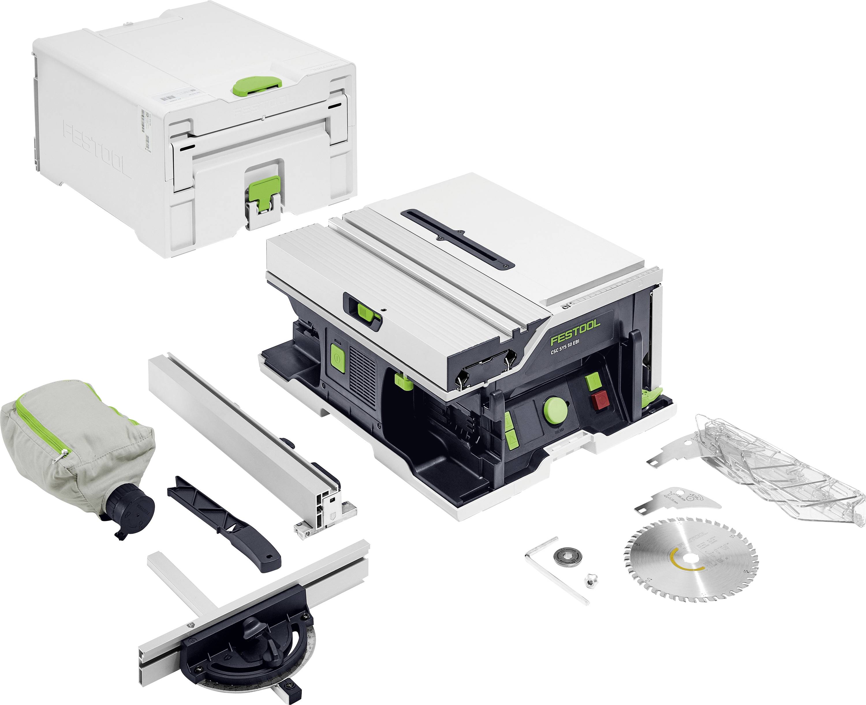 Un ensemble d'outils électriques comprenant une scie à table, une lame, un sac à poussière et des accessoires. L'outil principal affiche le nom de la marque et les commandes.