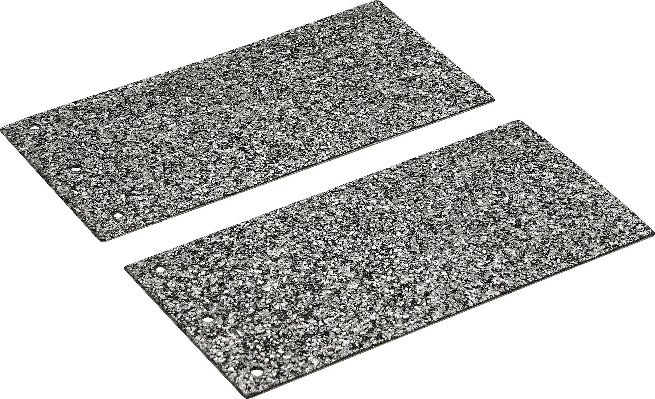 Deux panneaux rectangulaires noirs texturés avec de petits trous dans les coins, placés sur un fond blanc.