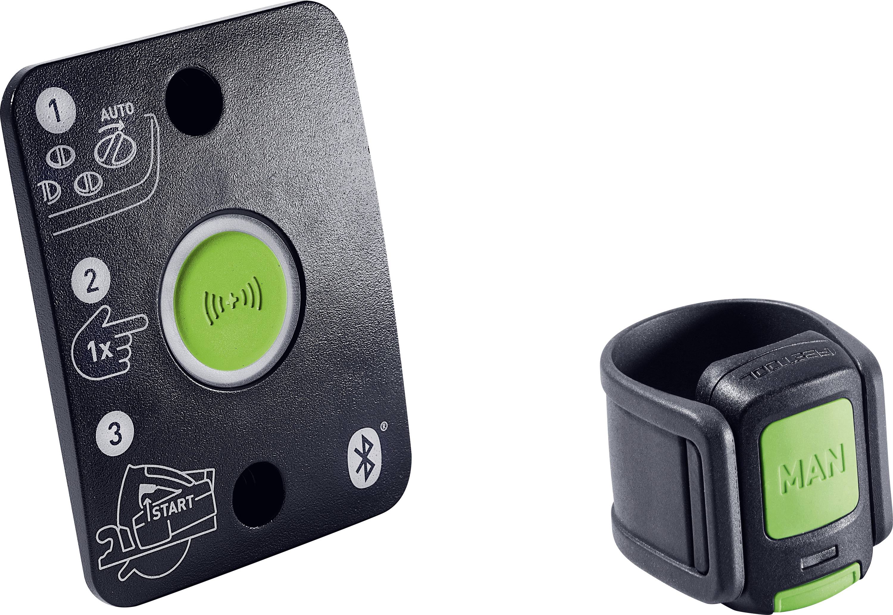 'Panneau de contrôle Bluetooth avec un bouton vert portant l'étiquette « Démarrer » et un bracelet de poignet noir avec un bouton vert portant l'étiquette « Homme ».'