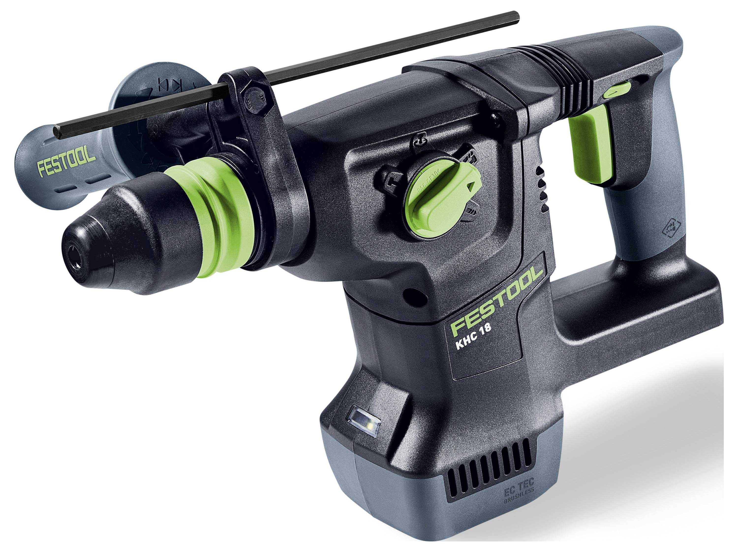 Un outil électrique noir et vert portant l'étiquette « Festool KHC 18 » avec une poignée et un adaptateur de foret, conçu pour des travaux de construction ou de réparation.