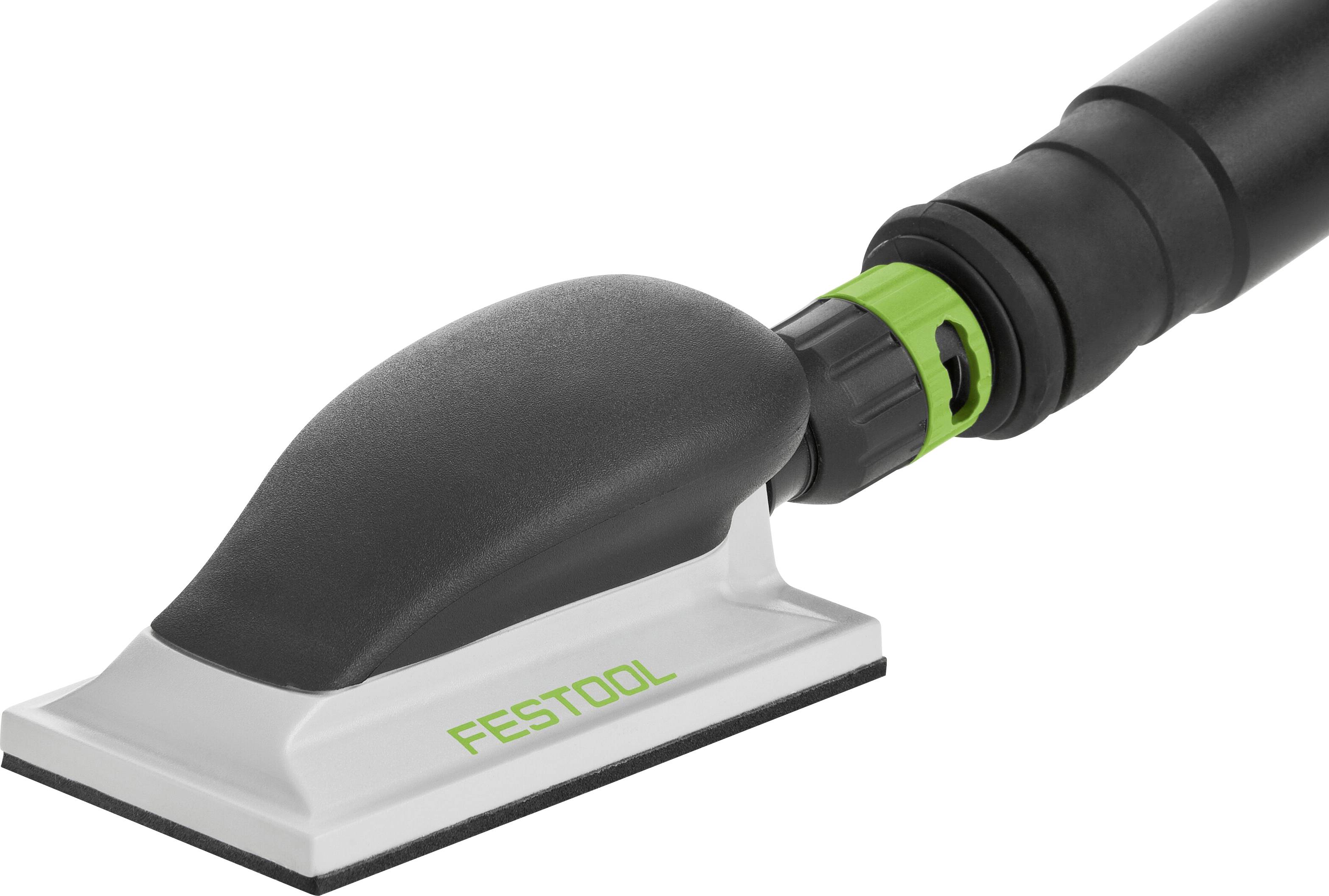 Outil de ponçage rectangulaire avec une poignée noire et un logo 'Festool', conçu pour lisser les surfaces.