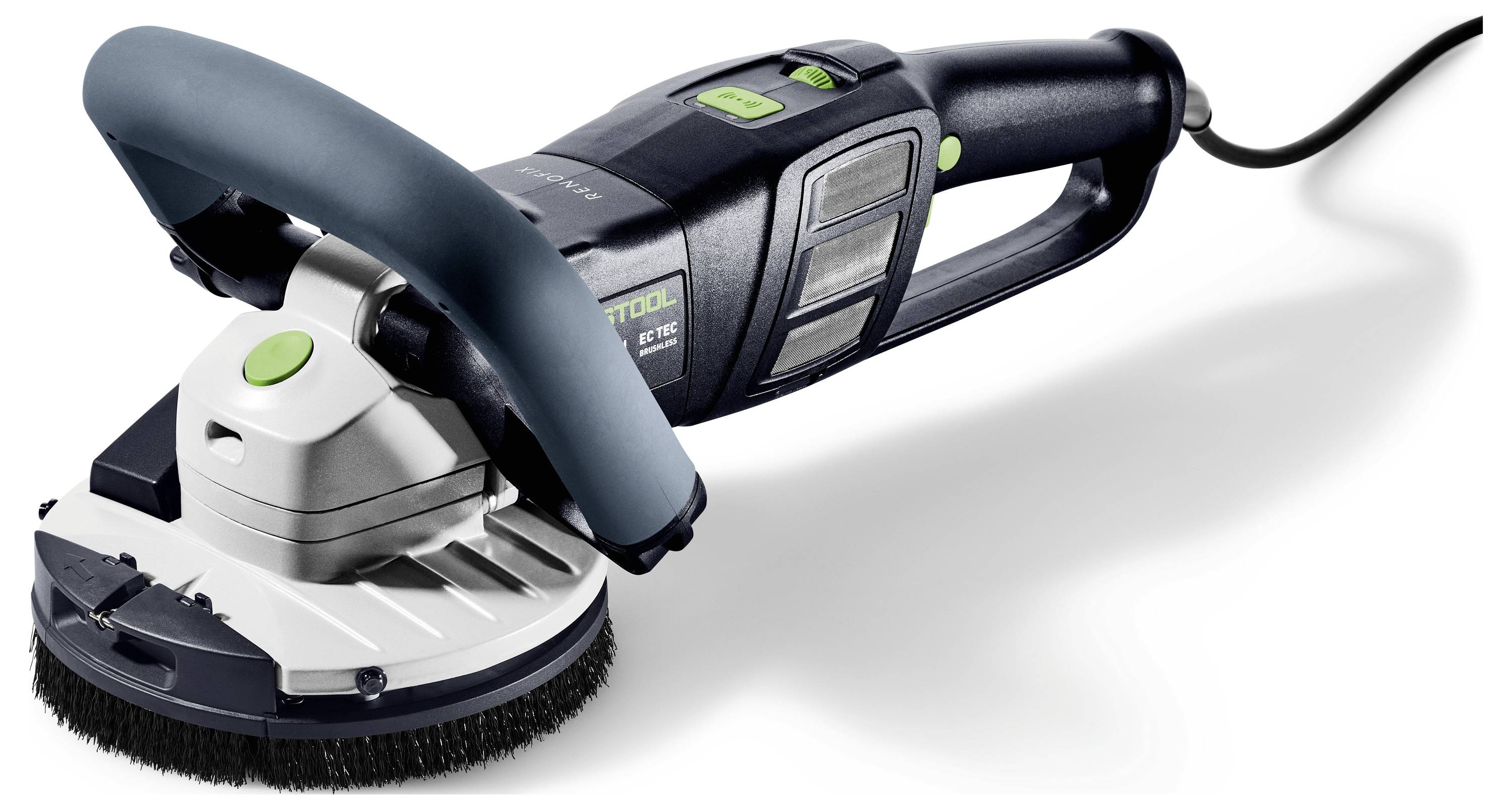 Rectifieuse de surface électrique avec brosse circulaire et poignée ergonomique, utilisée pour poncer ou polir des surfaces. Dotée d'un cordon d'alimentation et d'une poignée de préhension.