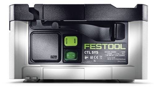 Un extracteur de poussière mobile compact Festool CTL SYS au design argent et noir, doté de commandes étiquetées « AUTO » et « MAN ».