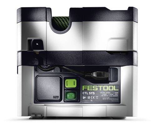 Vue de face d'un extracteur de poussière Festool, modèle CTL SYS, présentant le panneau de commande avec un interrupteur marche-arrêt et le logo.