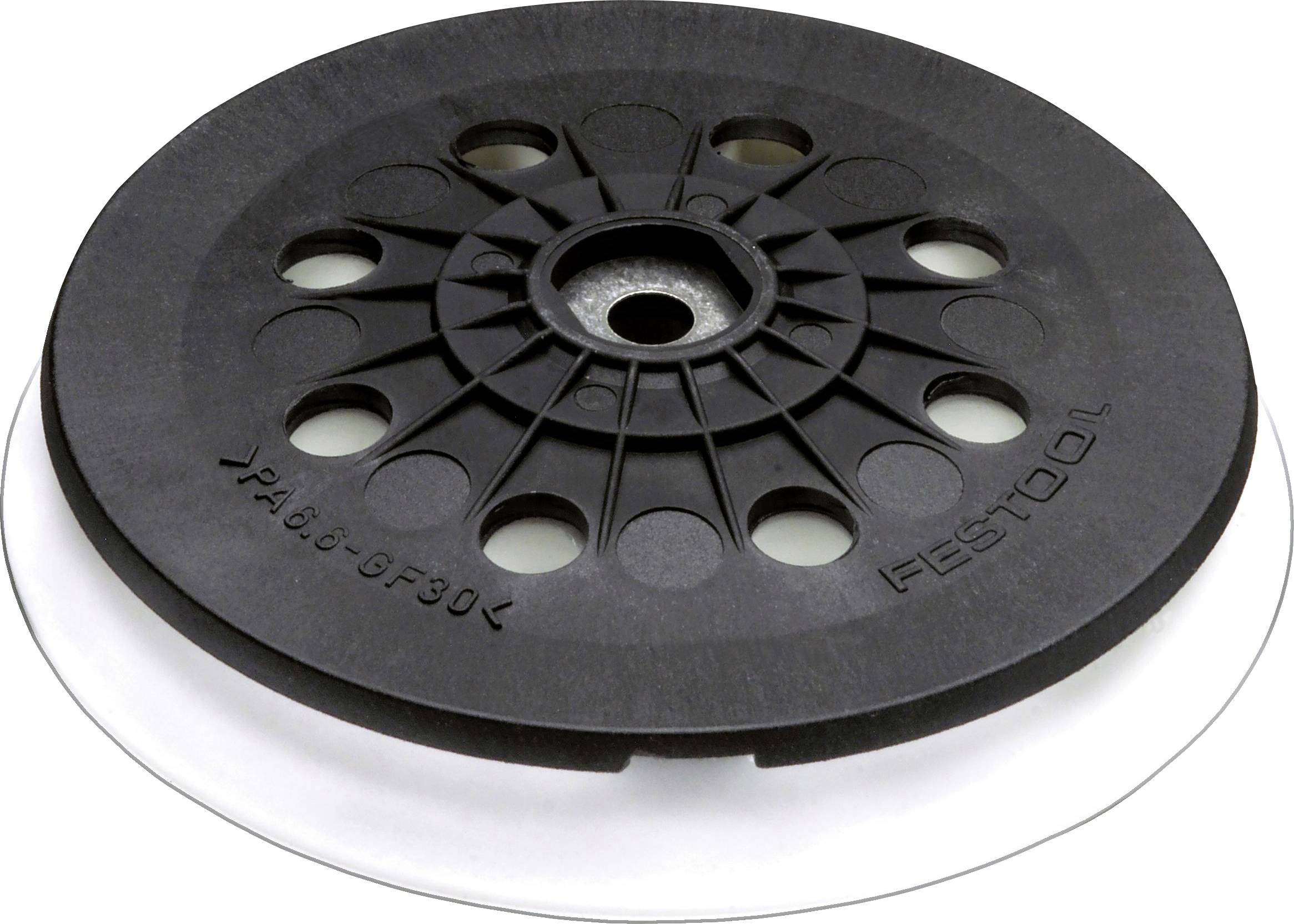 Un tampon de ponçage noir avec plusieurs trous et un dos blanc, portant la marque 'Festool' sur le bord, conçu pour une extraction de poussière efficace.
